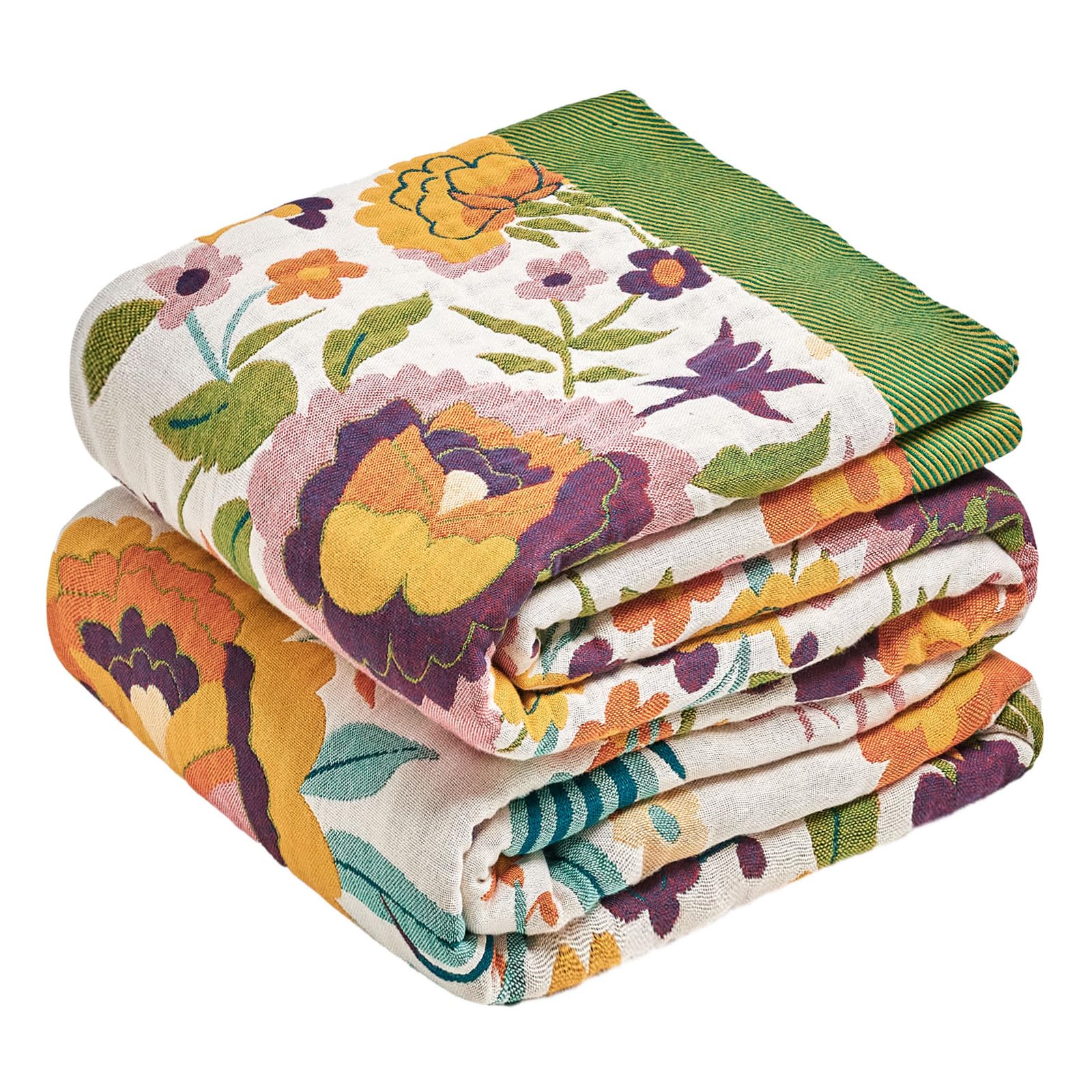 Boho Throw Blanket - 100% Cotton Soft Spring Throw Blanket for Bed, 90"x108" Reversible Breathable Lightweight Blankets, All Seasons Farmhouse Decor Floral Plant Butterfly Throw Quilt