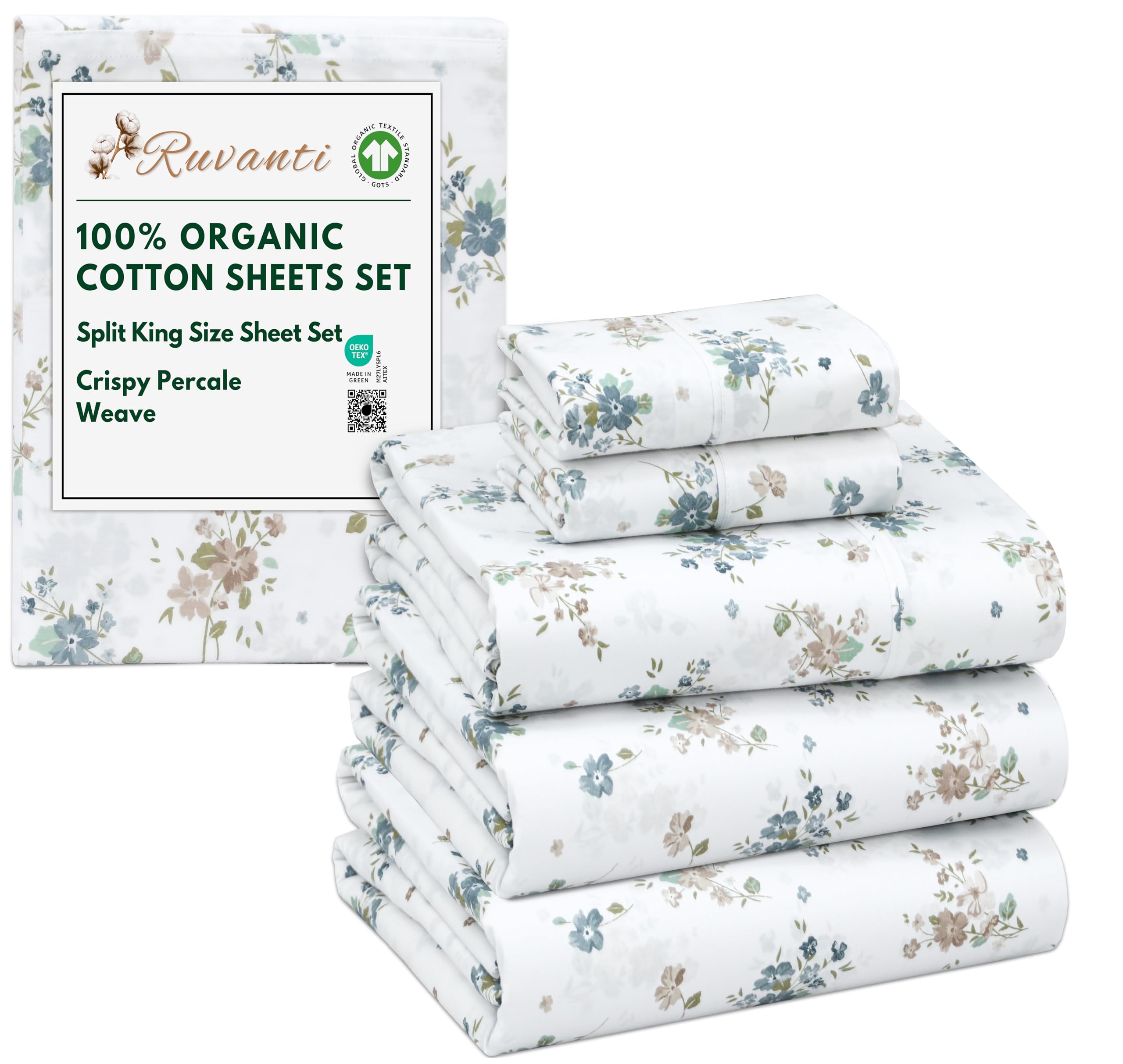 RUVANTI 100% Organic Cotton Sheets Queen Size, Percale Weave, GOTS Certified, 4-Piece Set, Deep Pocket 15", Crisp & Breathable, Soft Durable Bedding, Sábanas Algodón Orgánico – Daisy Bud