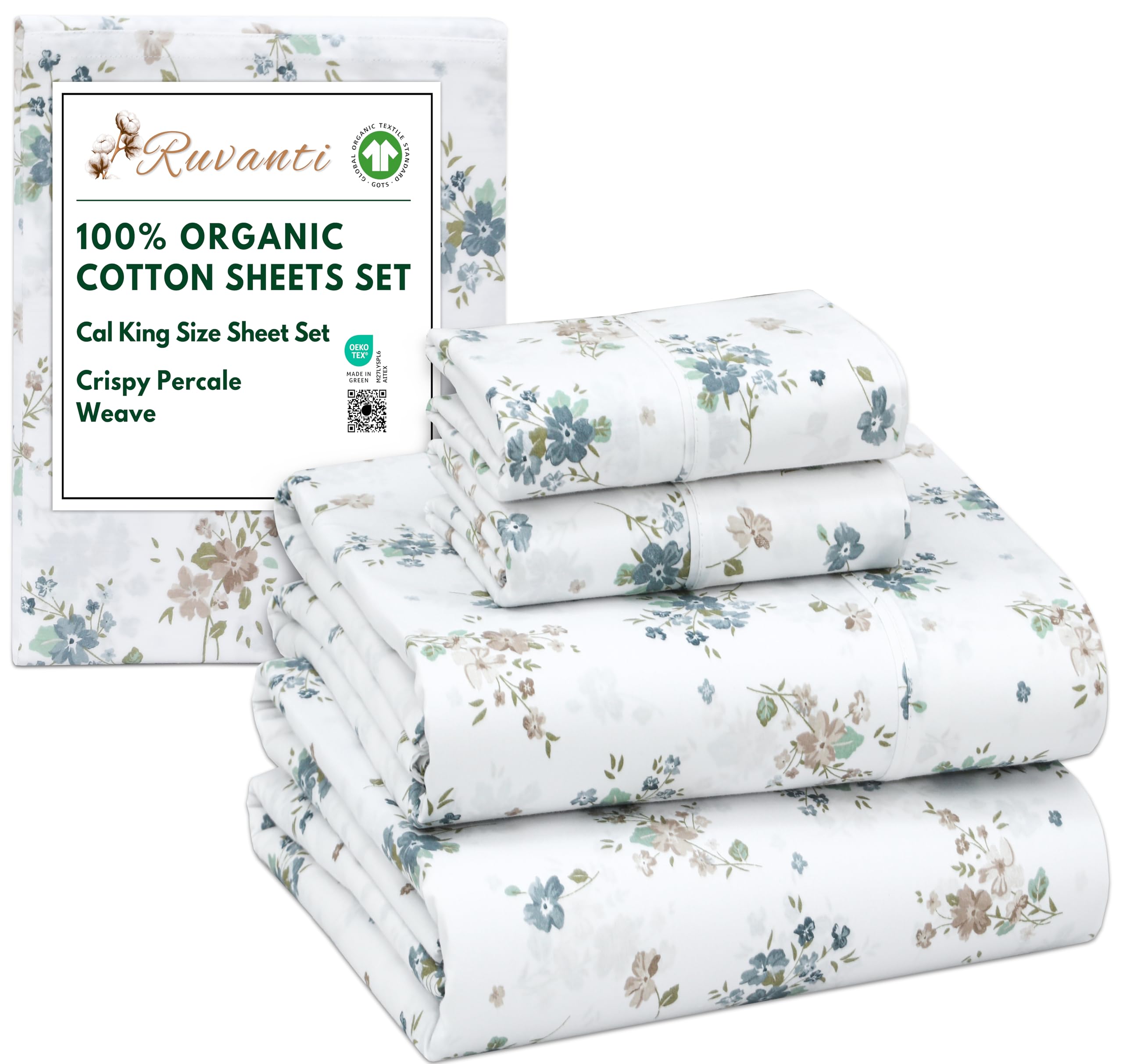 RUVANTI 100% Organic Cotton Sheets Queen Size, Percale Weave, GOTS Certified, 4-Piece Set, Deep Pocket 15", Crisp & Breathable, Soft Durable Bedding, Sábanas Algodón Orgánico – Daisy Bud