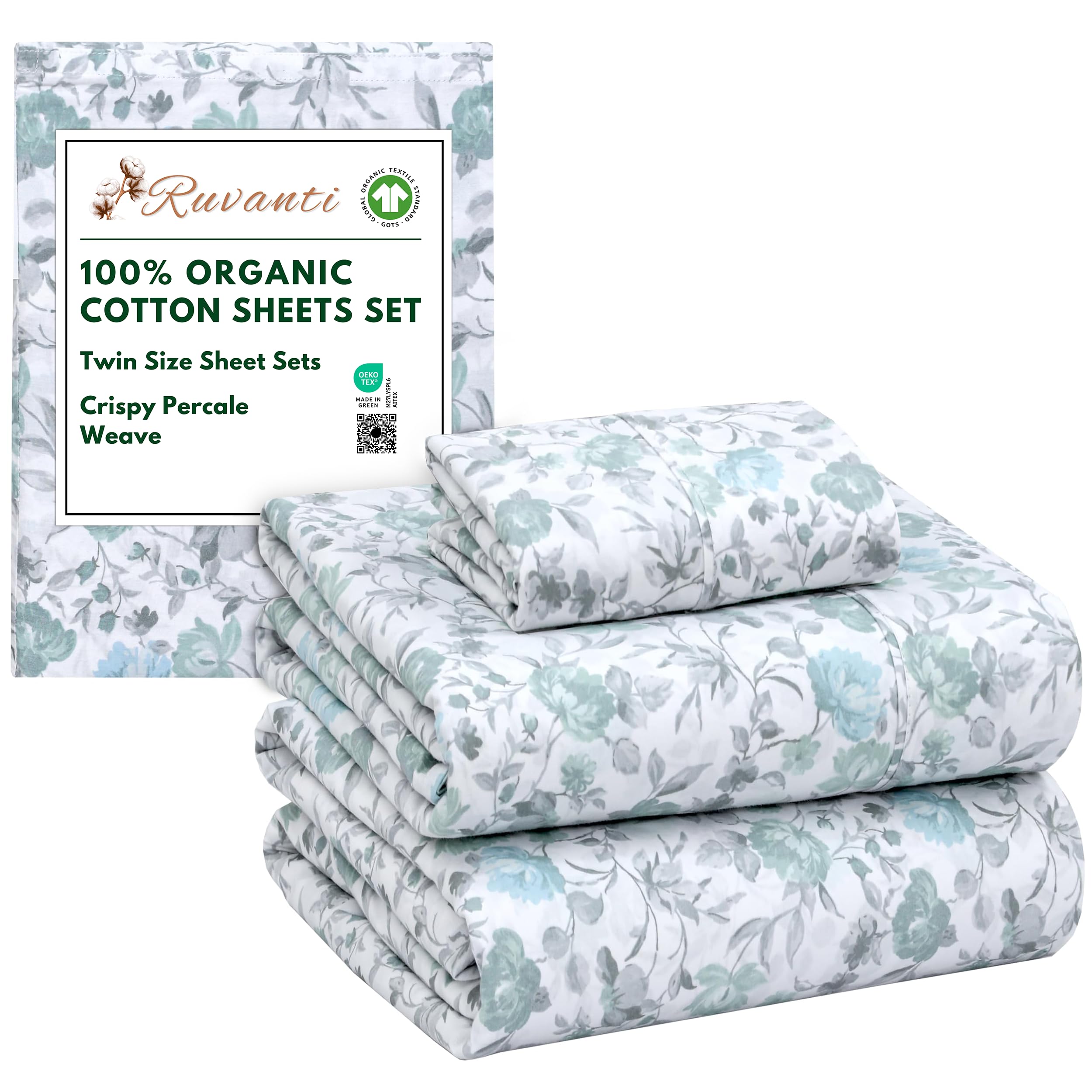 RUVANTI 100% Organic Cotton Sheets Queen Size, Percale Weave, GOTS Certified, 4-Piece Set, Deep Pocket 15", Crisp & Breathable, Soft Durable Bedding, Sábanas Algodón Orgánico – Daisy Bud