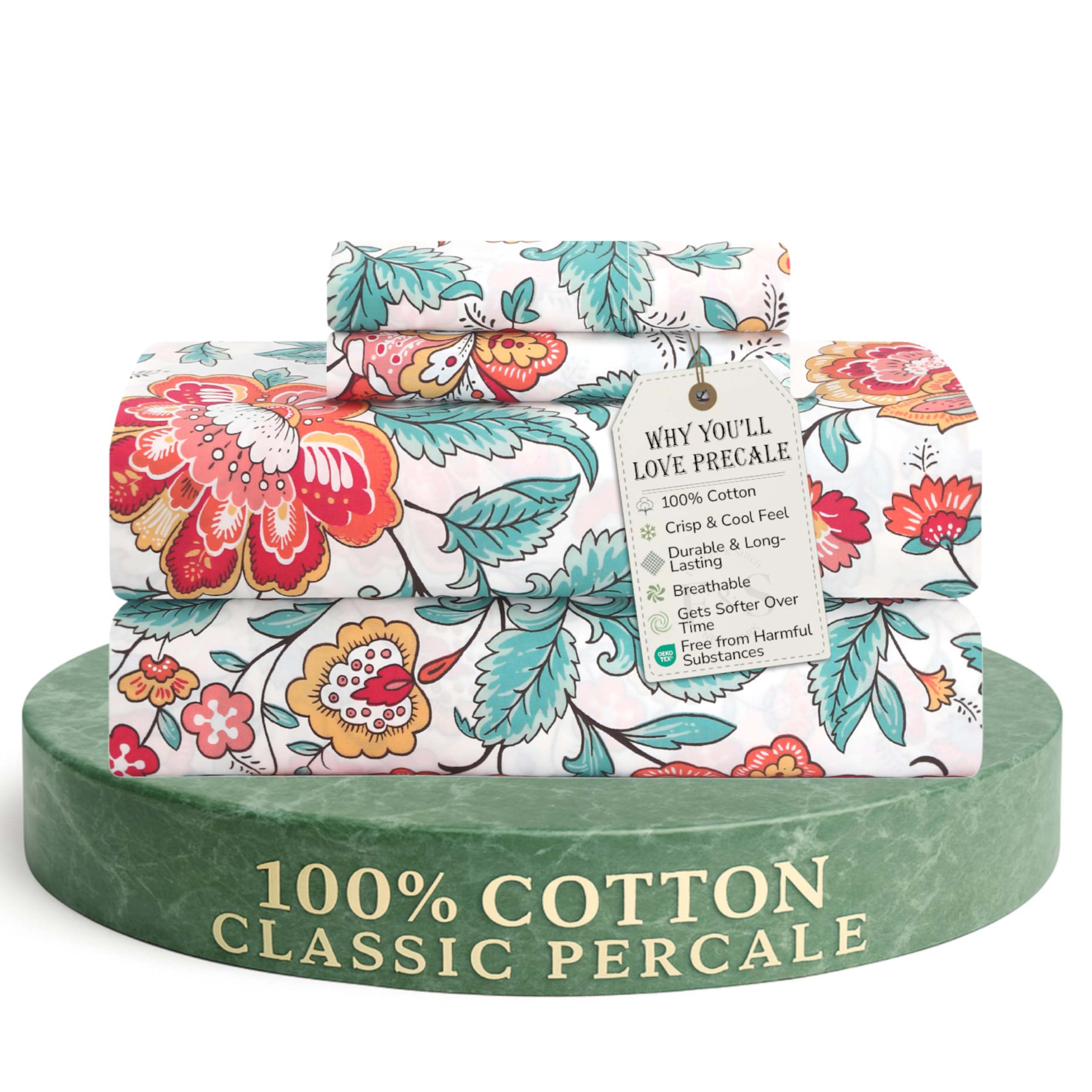 Feather & Stitch Softest 100% Cotton Sheets, 300 Thread Count Percale Weave Bedding, 16" Deep Pocket, Cooling Sheets, Breathable Bed Set, Hotel Premium Quality (Queen, Victorian Floral)