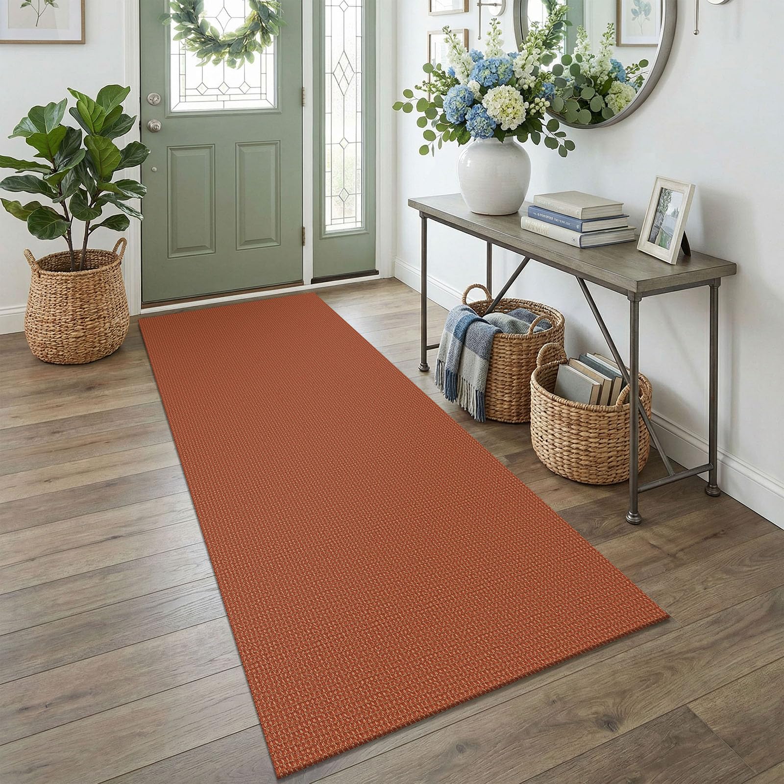 EARTHALL Woven Runner Rug 2x5 Ft Washable Runners for Hallways Cotton Non Slip Rubber Backed Kitchen Runner Braided Indoor Floor Carpet for Entryway, Hallway, Kitchen, Bedroom, Orange/Tan/Brown