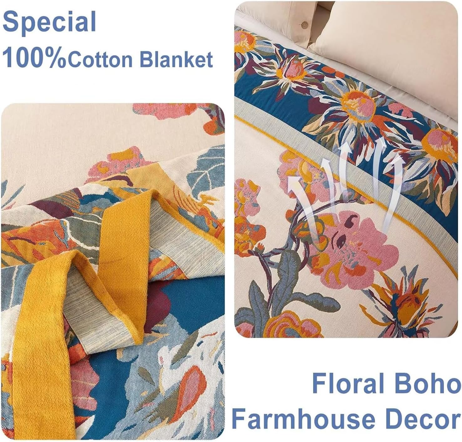 Boho Throw Blanket - 100% Cotton Soft Spring Throw Blanket for Bed, 90"x108" Reversible Breathable Lightweight Blankets, All Seasons Farmhouse Decor Floral Plant Butterfly Throw Quilt