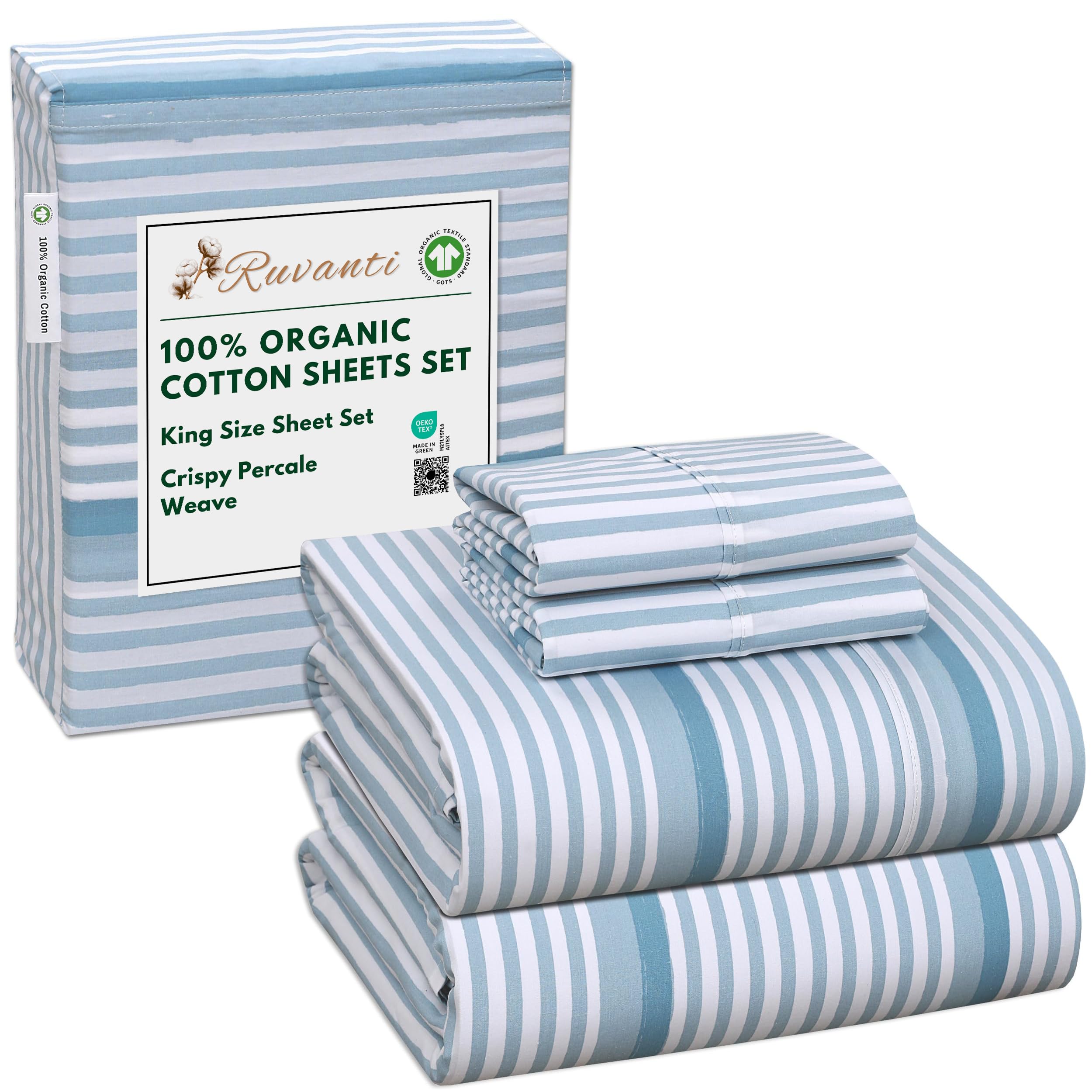 RUVANTI 100% Organic Cotton Sheets Queen Size, Percale Weave, GOTS Certified, 4-Piece Set, Deep Pocket 15", Crisp & Breathable, Soft Durable Bedding, Sábanas Algodón Orgánico – Daisy Bud