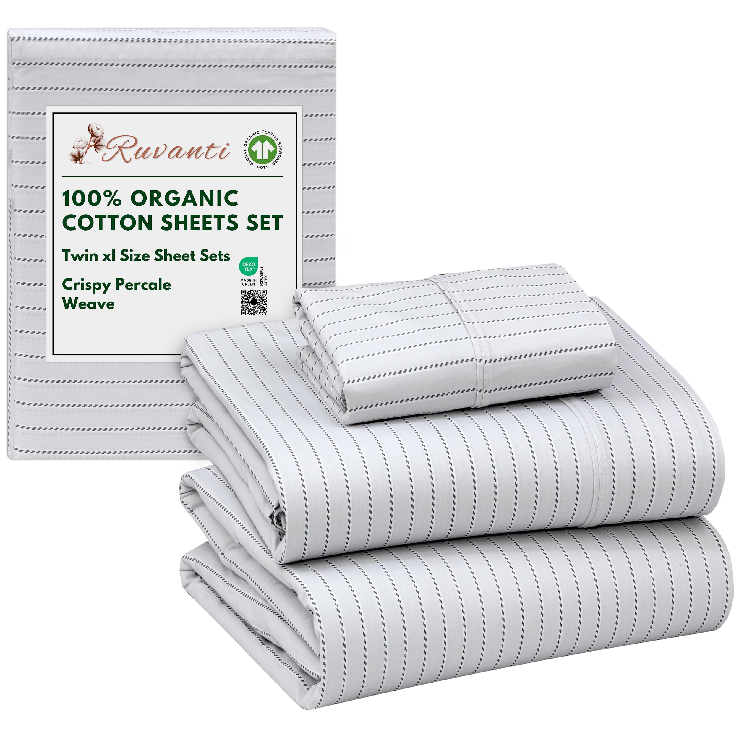 RUVANTI 100% Organic Cotton Sheets Queen Size, Percale Weave, GOTS Certified, 4-Piece Set, Deep Pocket 15", Crisp & Breathable, Soft Durable Bedding, Sábanas Algodón Orgánico – Daisy Bud