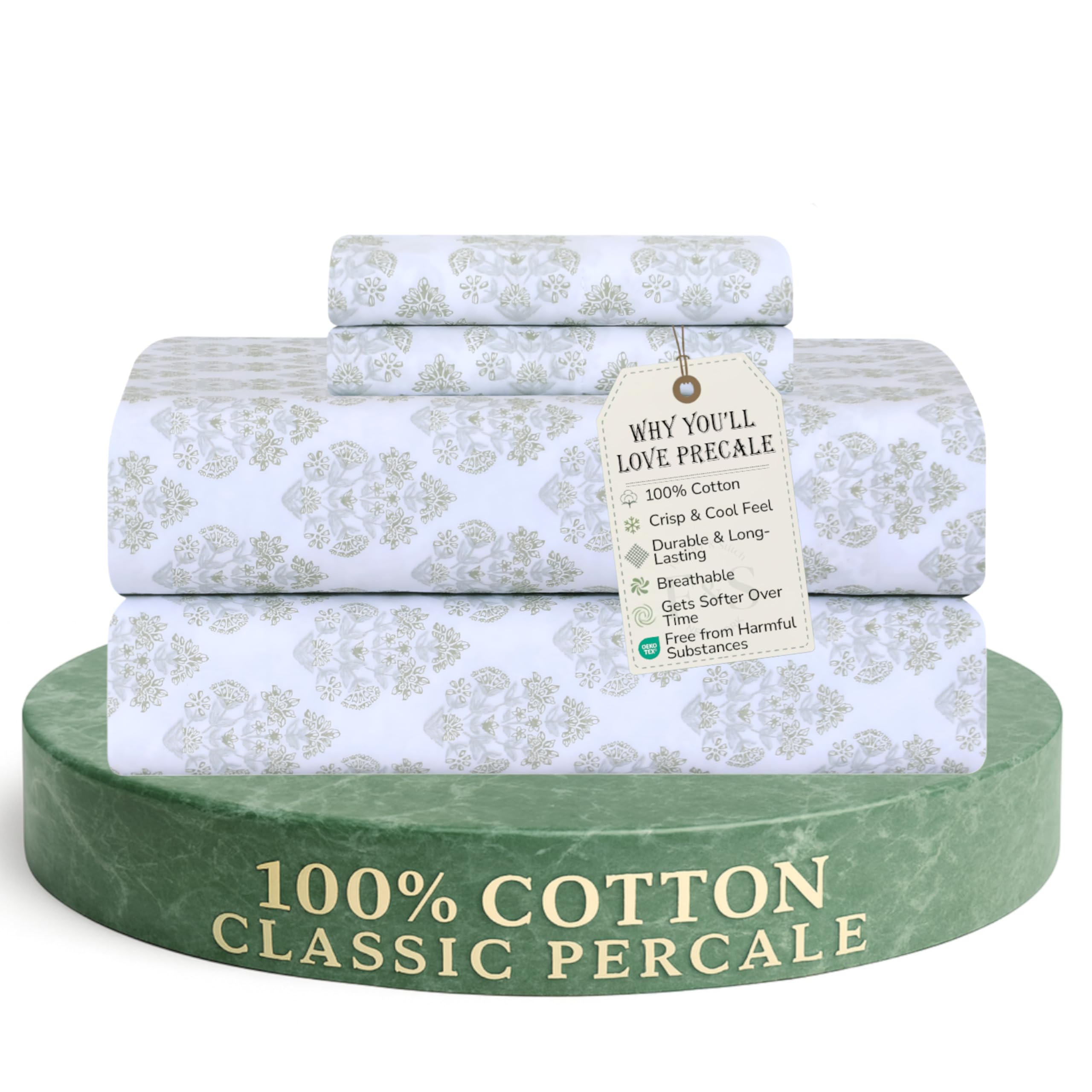 Feather & Stitch Softest 100% Cotton Sheets, 300 Thread Count Percale Weave Bedding, 16" Deep Pocket, Cooling Sheets, Breathable Bed Set, Hotel Premium Quality (Queen, Victorian Floral)