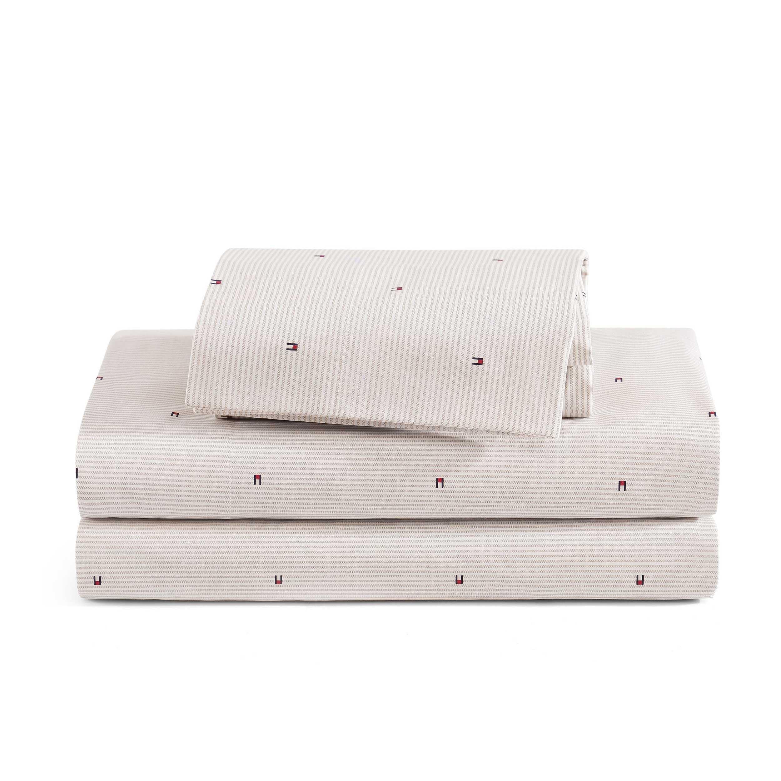 Tommy Hilfiger - Queen Bed Sheets, Crisp & Cool Cotton Percale Bedding with Matching Pillowcases, Lightweight Bed Set, Oeko-Tex Certified (Effortless Stripe Beige)