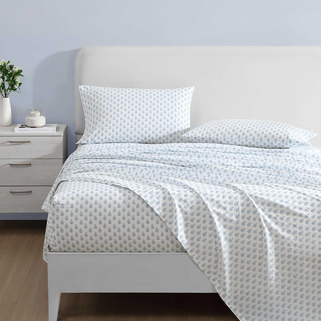 Laura Ashley - Queen Sheet Set, Crisp & Cool Sheets w/a Naturally Smooth Cotton Percale Feel, Deep Pocket, Bed Sheets with Matching Pillowcases & Fitted Sheet (Francesca Blue)