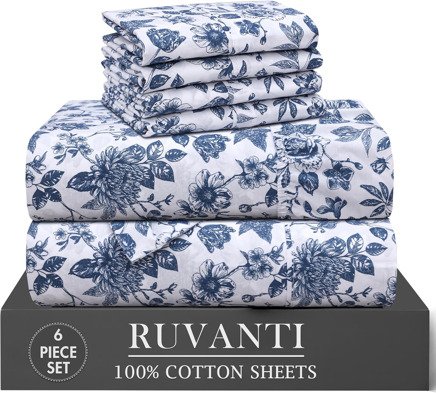 RUVANTI 6 Pcs Cotton Sheets - 100% Natural Cotton Soft, Lightweight & Breathable Crispy Percale Bed Sheets, Queen Sheet Set 16" Deep Pockets, Wild Flower