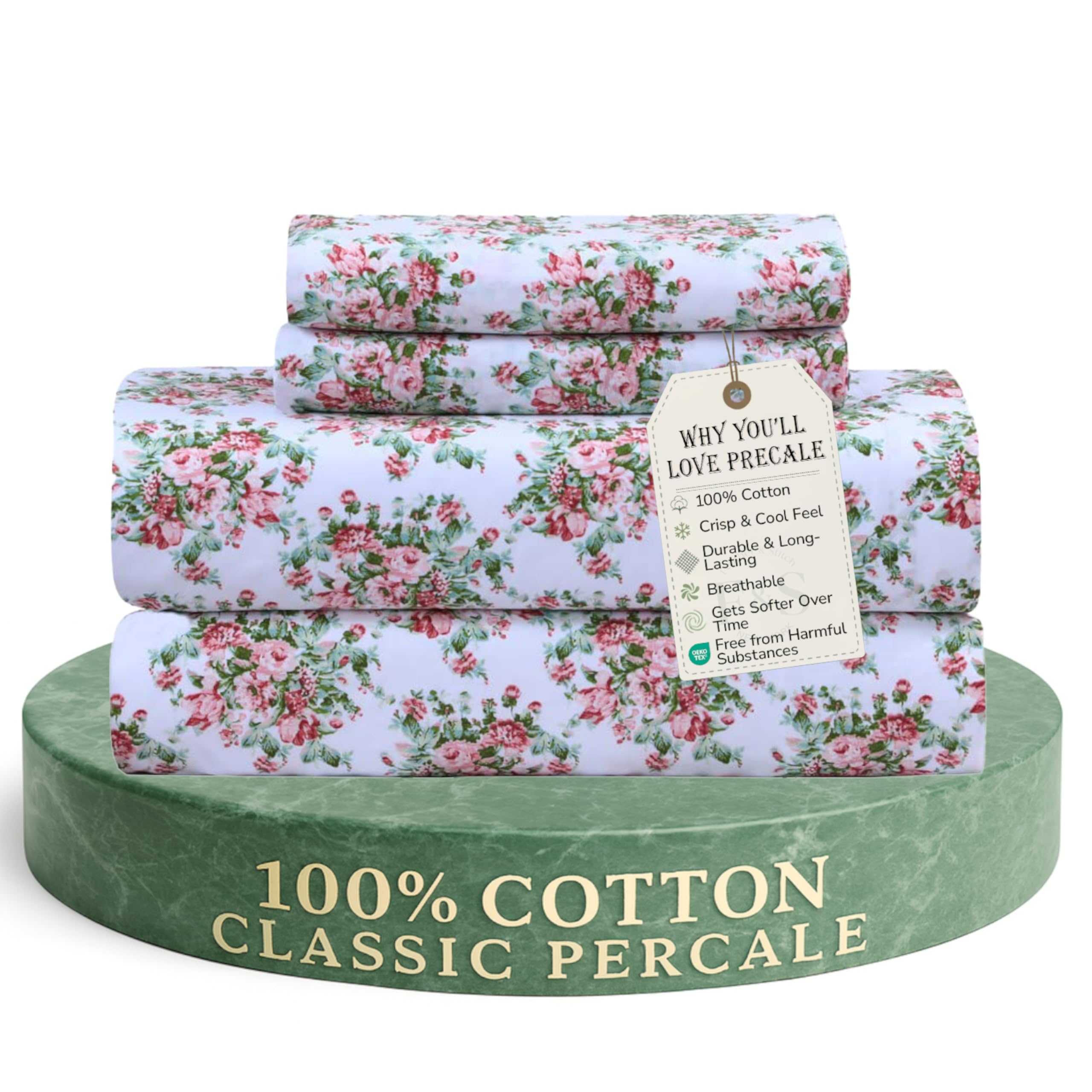 Feather & Stitch Softest 100% Cotton Sheets, 300 Thread Count Percale Weave Bedding, 16" Deep Pocket, Cooling Sheets, Breathable Bed Set, Hotel Premium Quality (Queen, Victorian Floral)