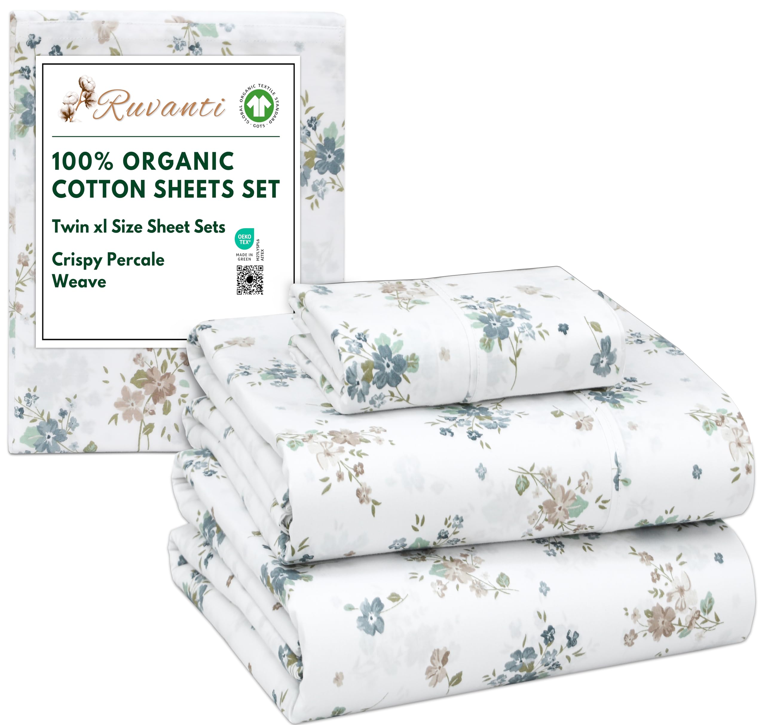 RUVANTI 100% Organic Cotton Sheets Queen Size, Percale Weave, GOTS Certified, 4-Piece Set, Deep Pocket 15", Crisp & Breathable, Soft Durable Bedding, Sábanas Algodón Orgánico – Daisy Bud