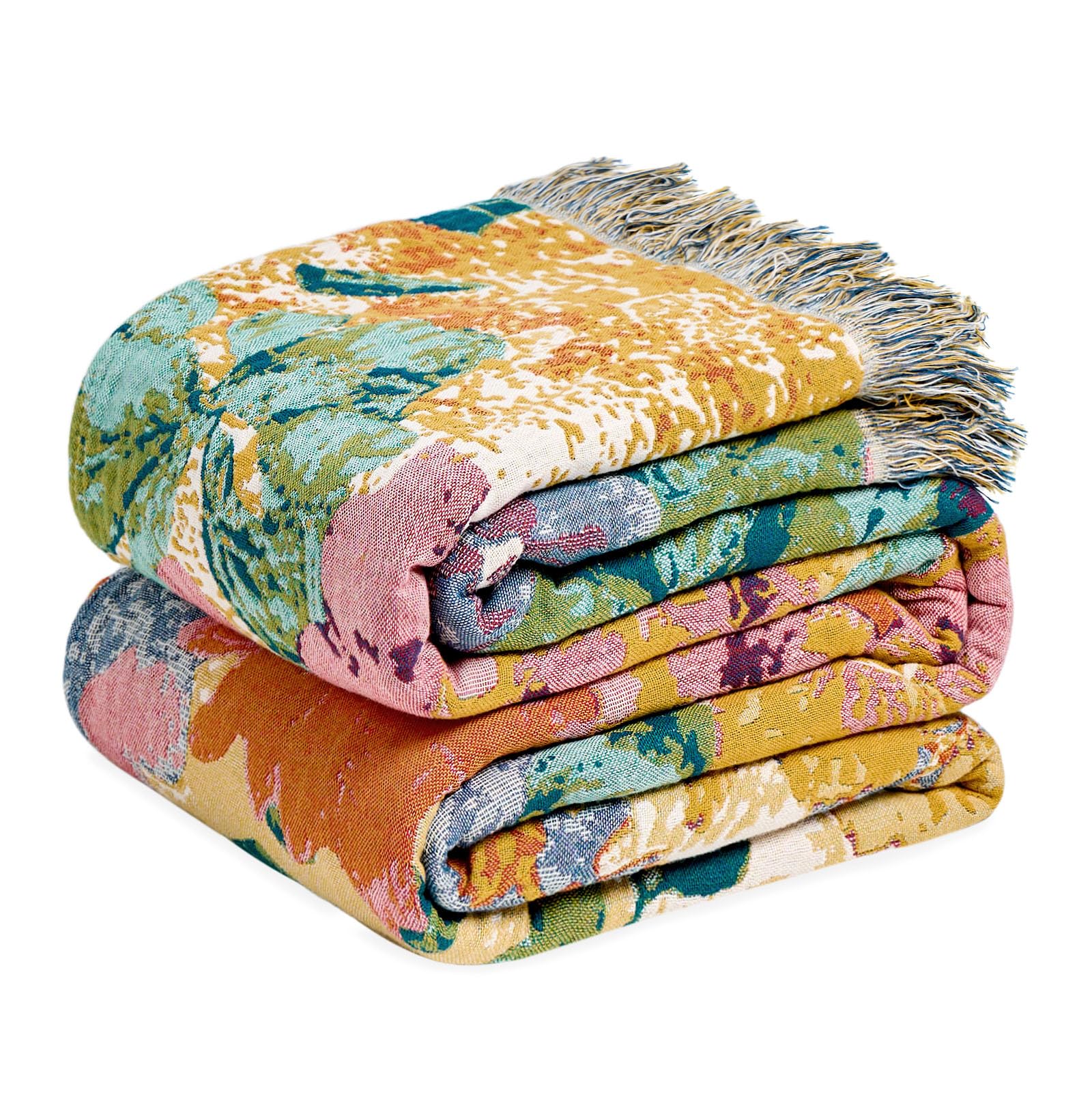 Boho Throw Blanket - 100% Cotton Soft Spring Throw Blanket for Bed, 90"x108" Reversible Breathable Lightweight Blankets, All Seasons Farmhouse Decor Floral Plant Butterfly Throw Quilt