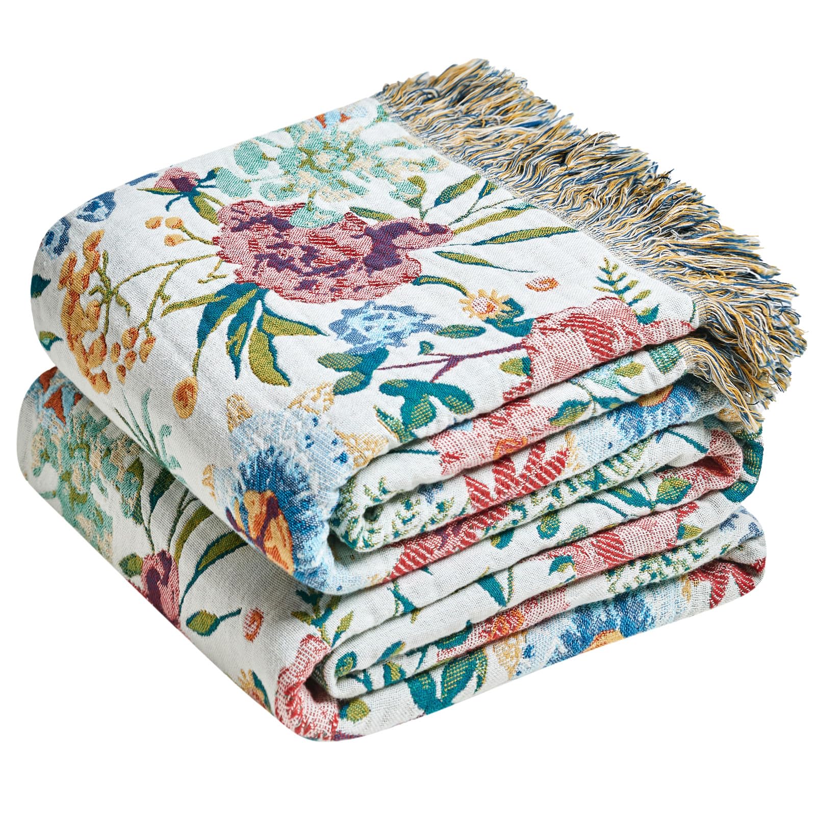 Boho Throw Blanket - 100% Cotton Soft Spring Throw Blanket for Bed, 90"x108" Reversible Breathable Lightweight Blankets, All Seasons Farmhouse Decor Floral Plant Butterfly Throw Quilt