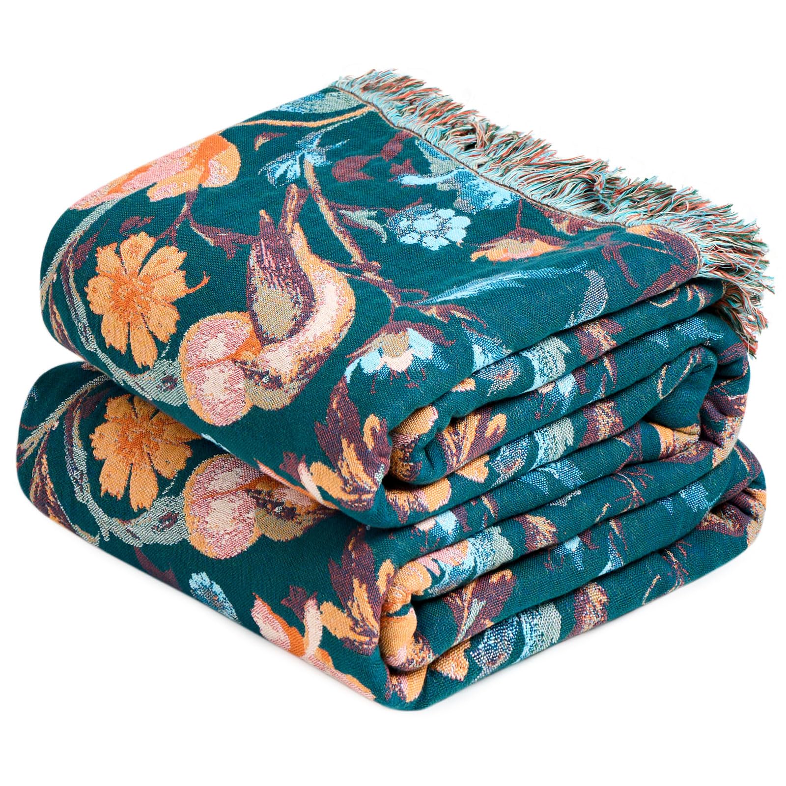 Boho Throw Blanket - 100% Cotton Soft Spring Throw Blanket for Bed, 90"x108" Reversible Breathable Lightweight Blankets, All Seasons Farmhouse Decor Floral Plant Butterfly Throw Quilt