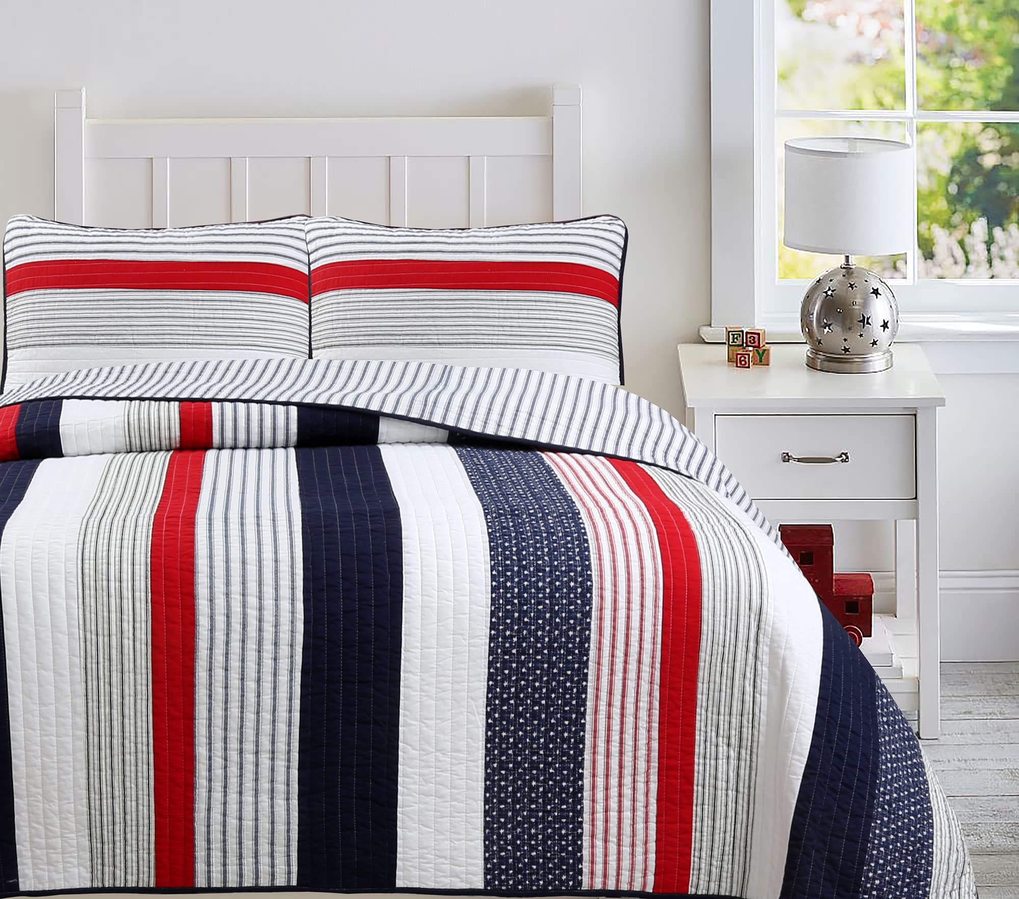 Cozy Line Home Fashions Benjamin Cute Dinosaur Plaid Navy Blue White Grey Bedding Quilt Set 100% Cotton Reversible Coverlet Bedspread Set for Kids Boy(Twin - 2 Piece)