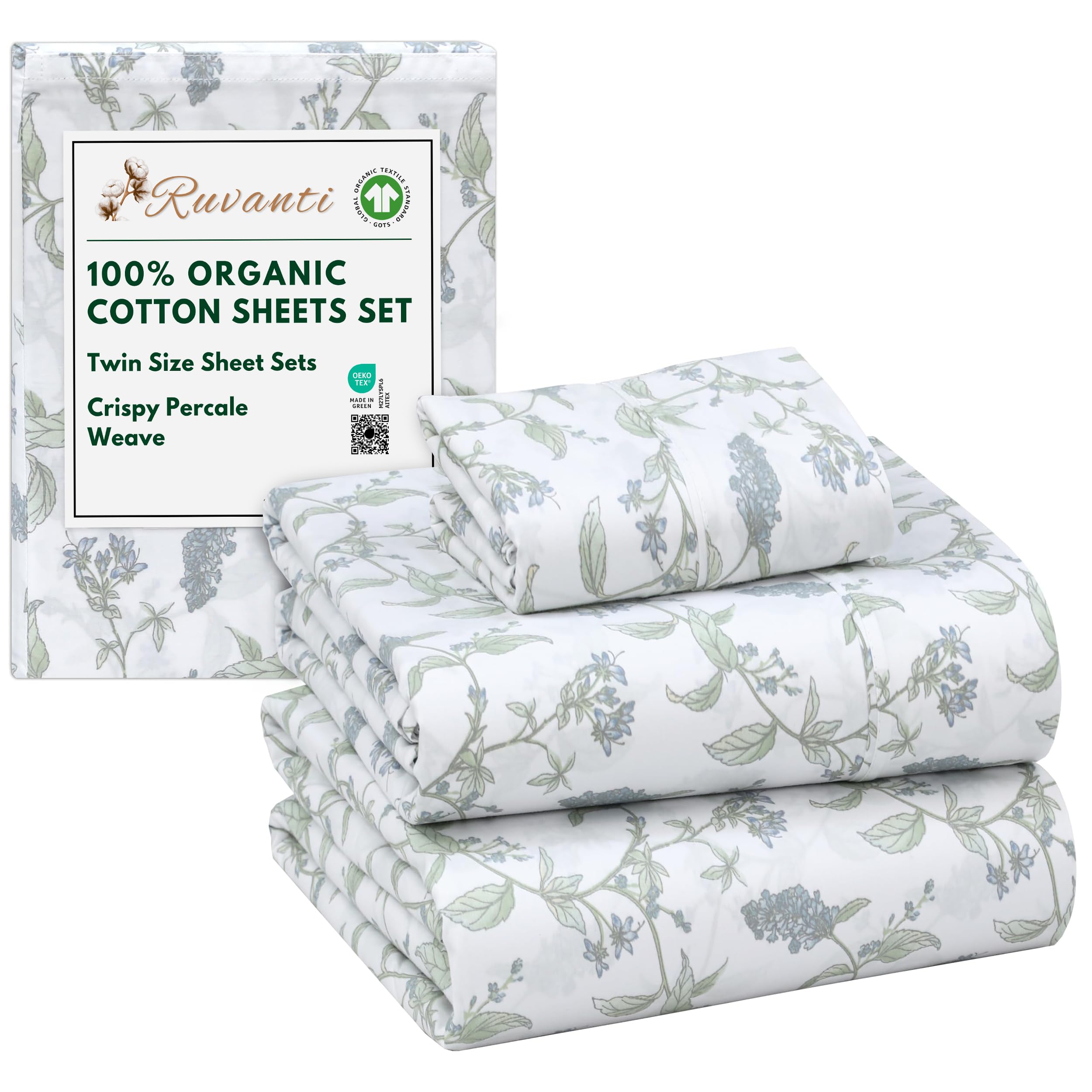 RUVANTI 100% Organic Cotton Sheets Queen Size, Percale Weave, GOTS Certified, 4-Piece Set, Deep Pocket 15", Crisp & Breathable, Soft Durable Bedding, Sábanas Algodón Orgánico – Daisy Bud