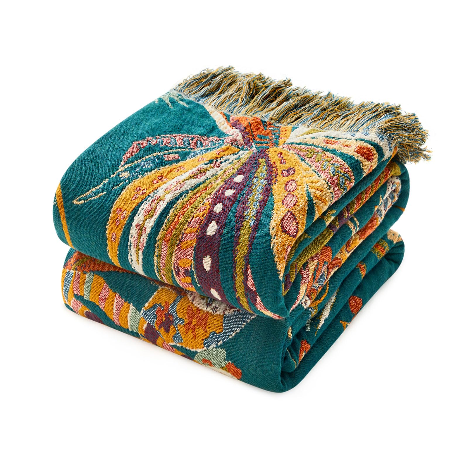 Boho Throw Blanket - 100% Cotton Soft Spring Throw Blanket for Bed, 90"x108" Reversible Breathable Lightweight Blankets, All Seasons Farmhouse Decor Floral Plant Butterfly Throw Quilt