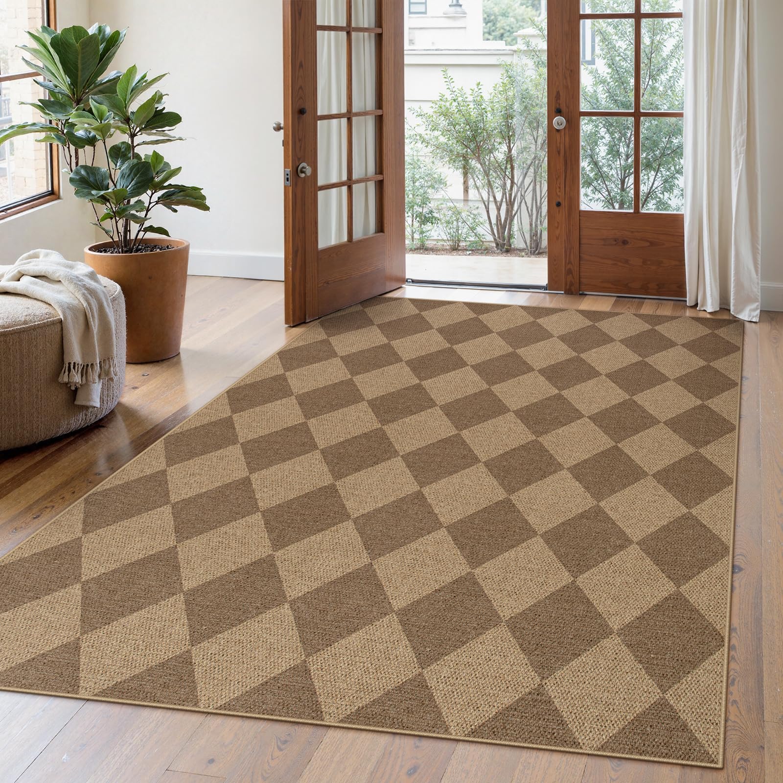 Lahome Colette Checkered Easy Jute Runner Rug, 2x8 Hallway Kitchen Runner Rug Non Slip Washable Outdoor Carpet for Entryway Indoor, Checkerboard Black Indoor Outdoor Carpet for Hallway 8ft Entry