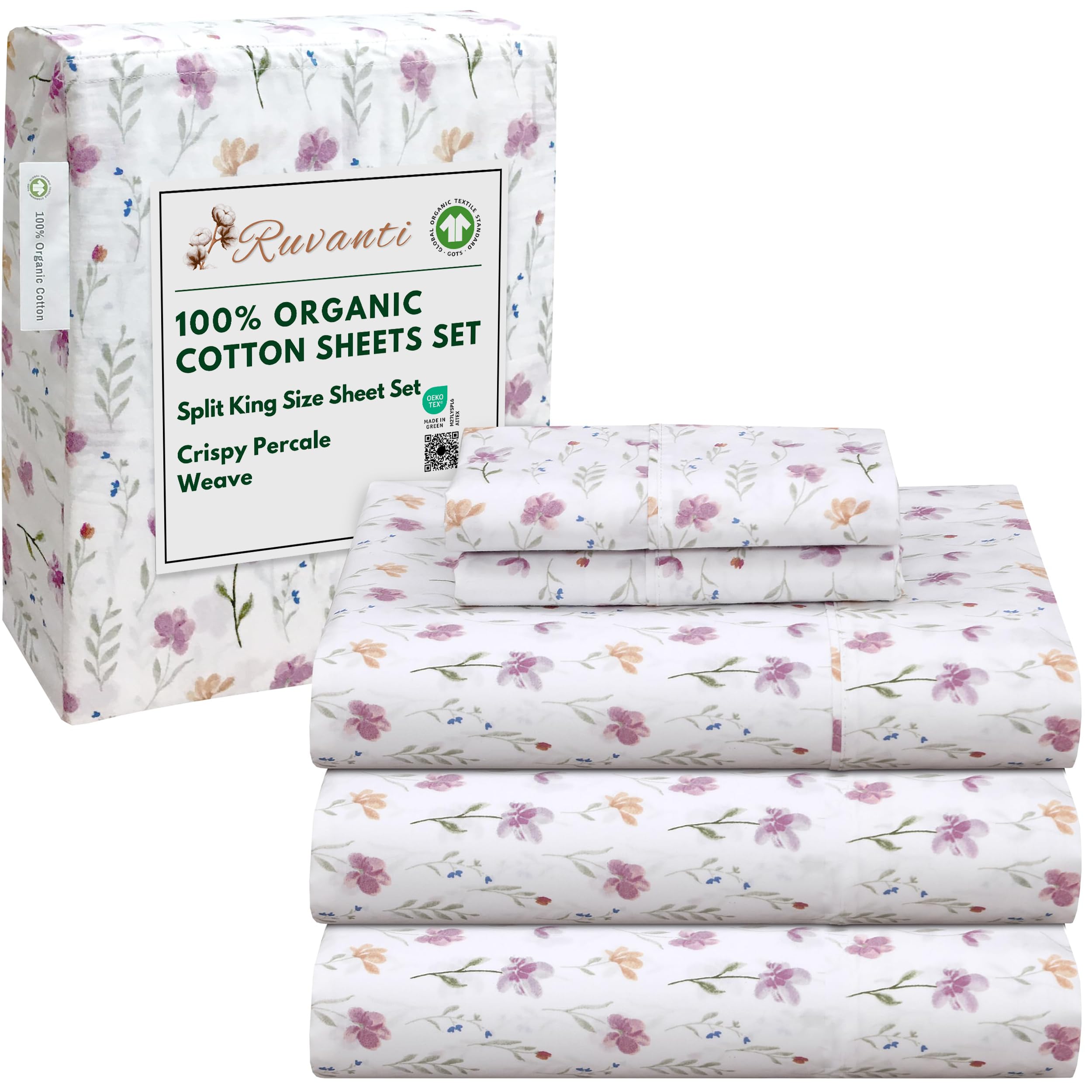 RUVANTI 100% Organic Cotton Sheets Queen Size, Percale Weave, GOTS Certified, 4-Piece Set, Deep Pocket 15", Crisp & Breathable, Soft Durable Bedding, Sábanas Algodón Orgánico – Daisy Bud