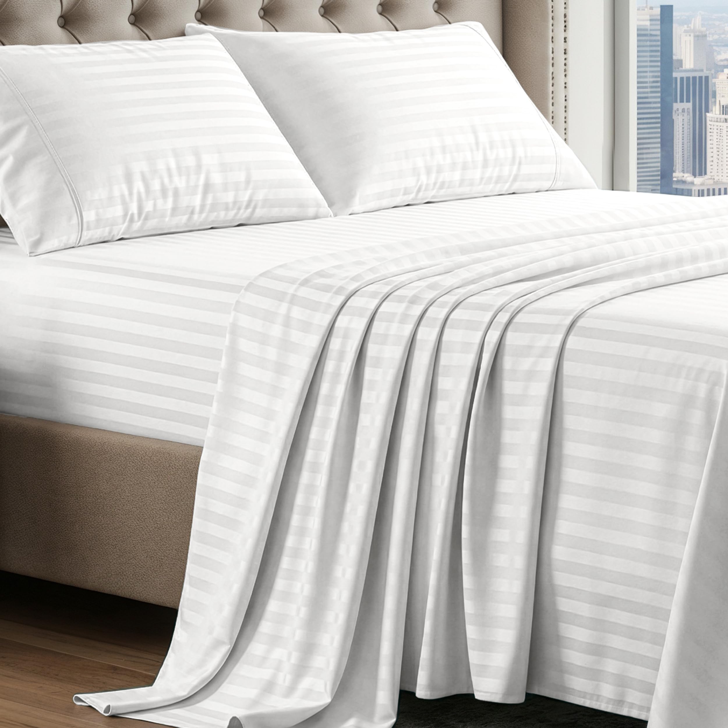 100% Egyptian Cotton Sheets Queen Size - Naturally Cooling & Breathable 4 Piece Silky Sateen Weave Queen Sheet Set, Ultra-Soft & Durable Hotel Luxury Sheets with 15" Snug Fit Deep Pockets - White