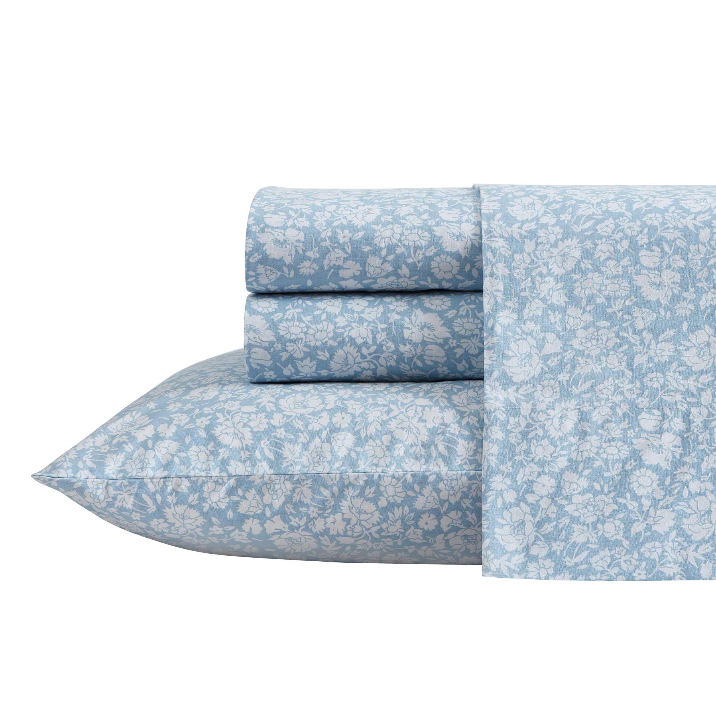 Laura Ashley - Queen Sheet Set, Crisp & Cool Sheets w/a Naturally Smooth Cotton Percale Feel, Deep Pocket, Bed Sheets with Matching Pillowcases & Fitted Sheet (Francesca Blue)
