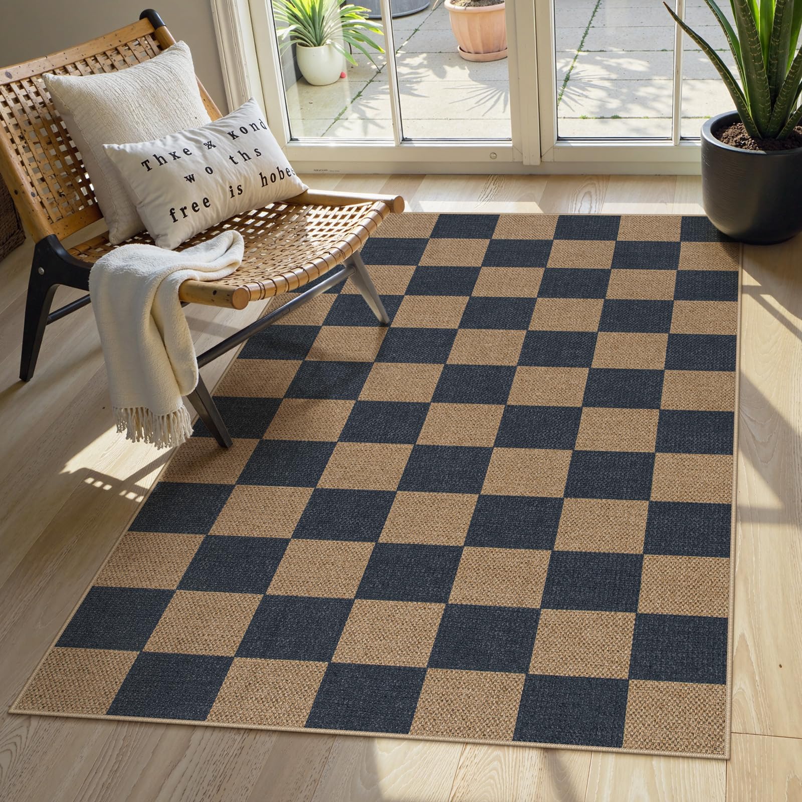 Lahome Colette Checkered Easy Jute Runner Rug, 2x8 Hallway Kitchen Runner Rug Non Slip Washable Outdoor Carpet for Entryway Indoor, Checkerboard Black Indoor Outdoor Carpet for Hallway 8ft Entry