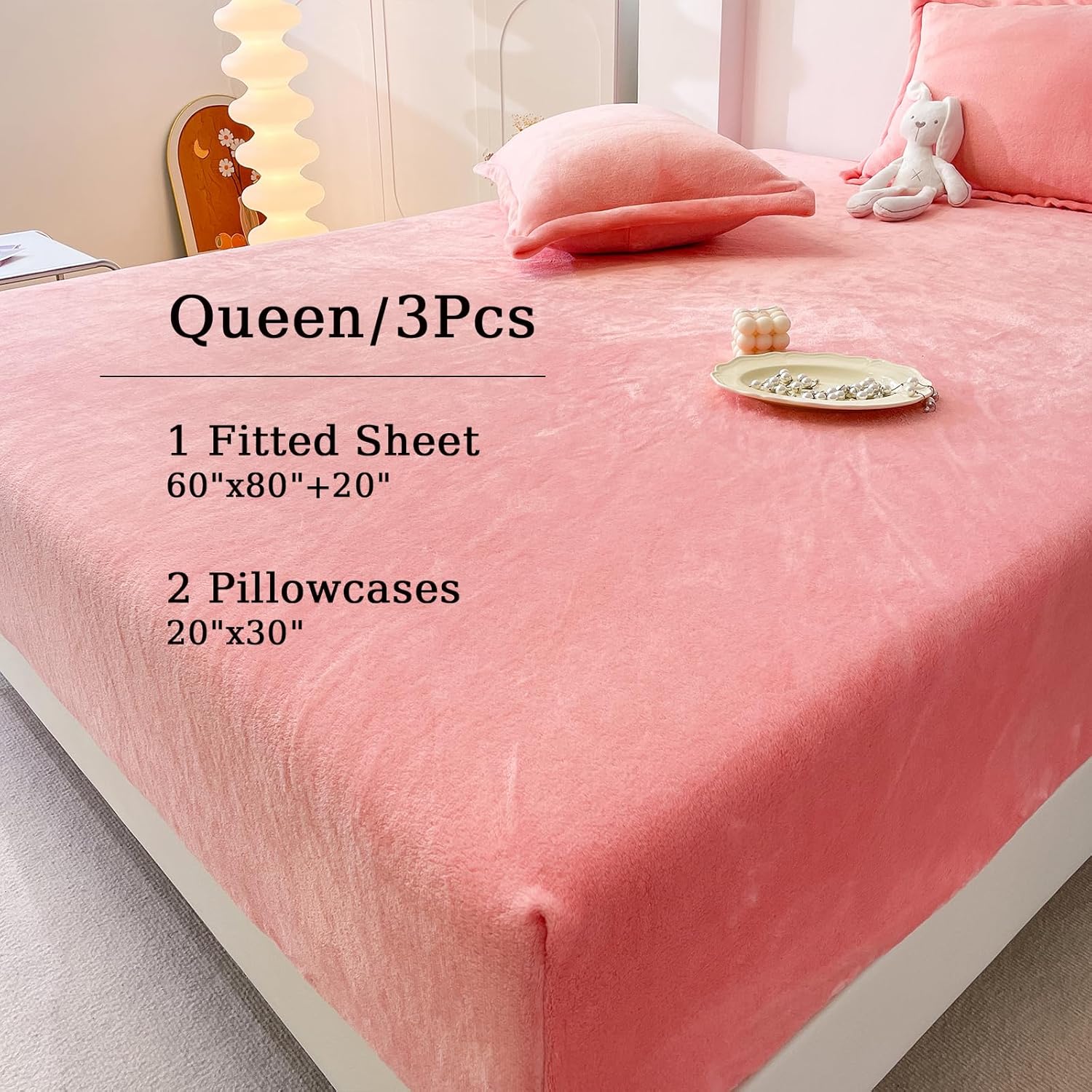 MorroMorn Fleece Sheets Queen Size Ultra Soft, Fuzzy Plush Flannel Sheet Set 3 Piece - All Season Bedding Set with 20" Deep Pocket Fitted & 2 Pillowcases, Luxury Velvet Warm Cozy (Pink)