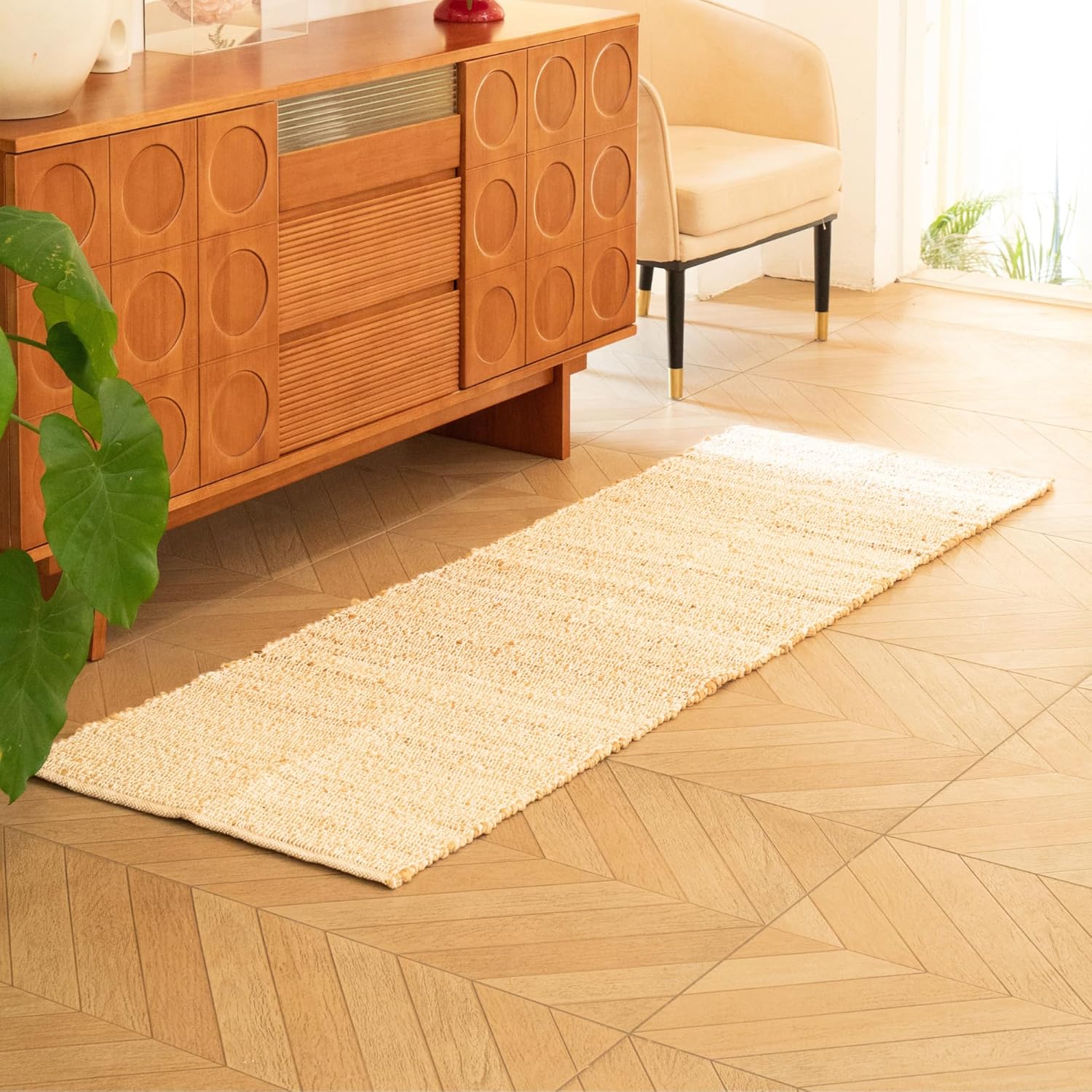 Jute-Cotton Rug 2x6 – Luxurious Natural Hallway Runner with Non-Slip Backing, Low-Profile Kitchen Rug for Entryway, Boho Decor, or High-Traffic Areas – Eco-Friendly 2x6 Jute Cotton