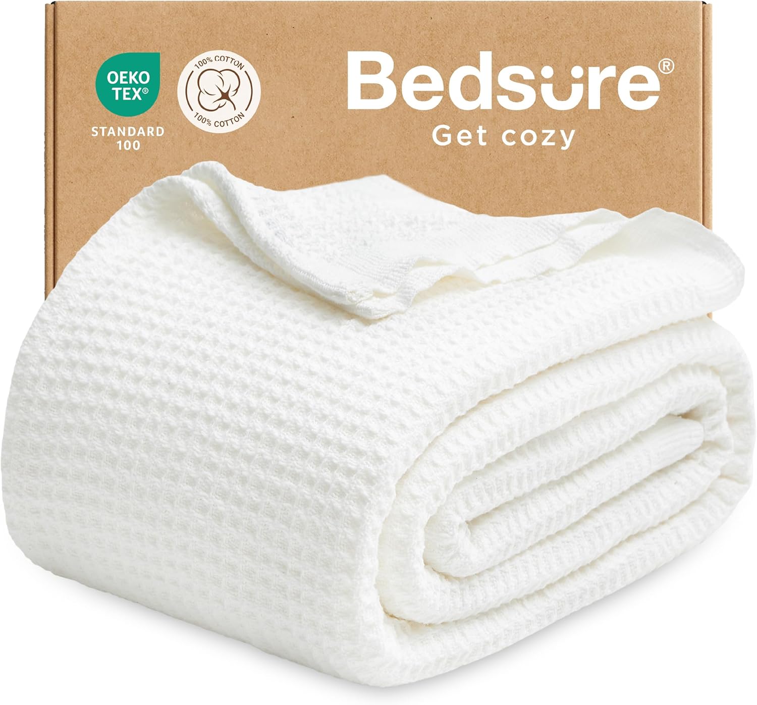 Bedsure Gentlesoft 100% Cotton Blanket Twin XL Size for College Dorm - Cooling Breathable and Soft for Summer, Waffle Weave Twin Blanket for Bed, Dorm Room Essentials, White, 66x90 inches