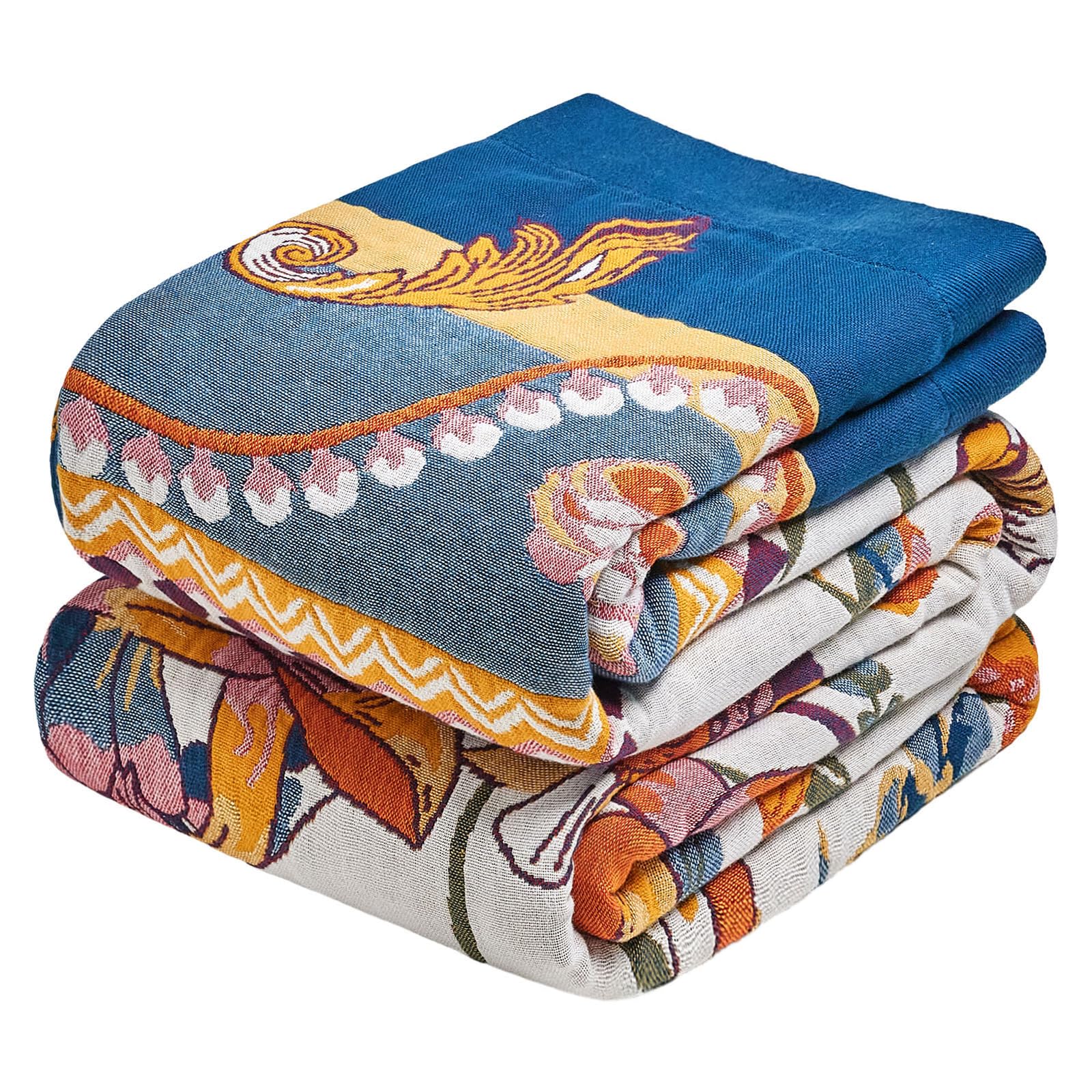 Boho Throw Blanket - 100% Cotton Soft Spring Throw Blanket for Bed, 90"x108" Reversible Breathable Lightweight Blankets, All Seasons Farmhouse Decor Floral Plant Butterfly Throw Quilt