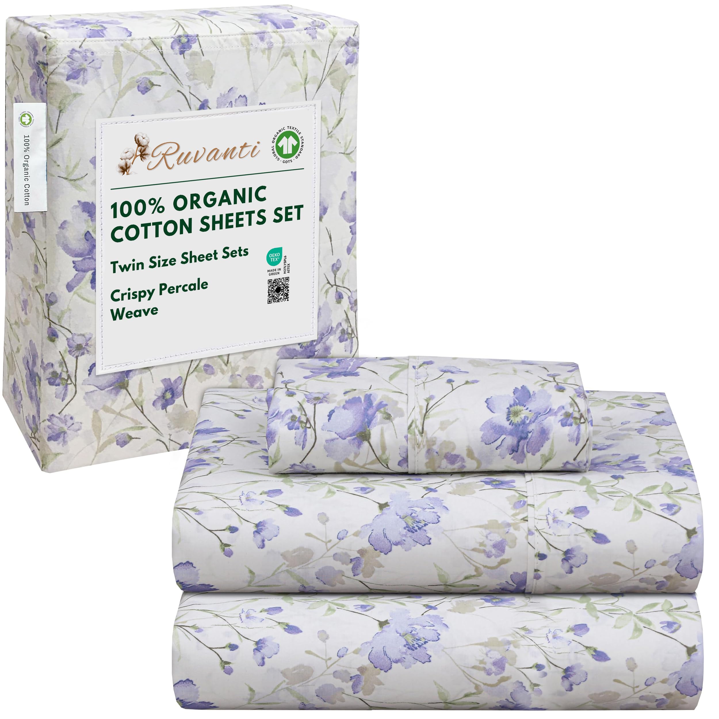 RUVANTI 100% Organic Cotton Sheets Queen Size, Percale Weave, GOTS Certified, 4-Piece Set, Deep Pocket 15", Crisp & Breathable, Soft Durable Bedding, Sábanas Algodón Orgánico – Daisy Bud