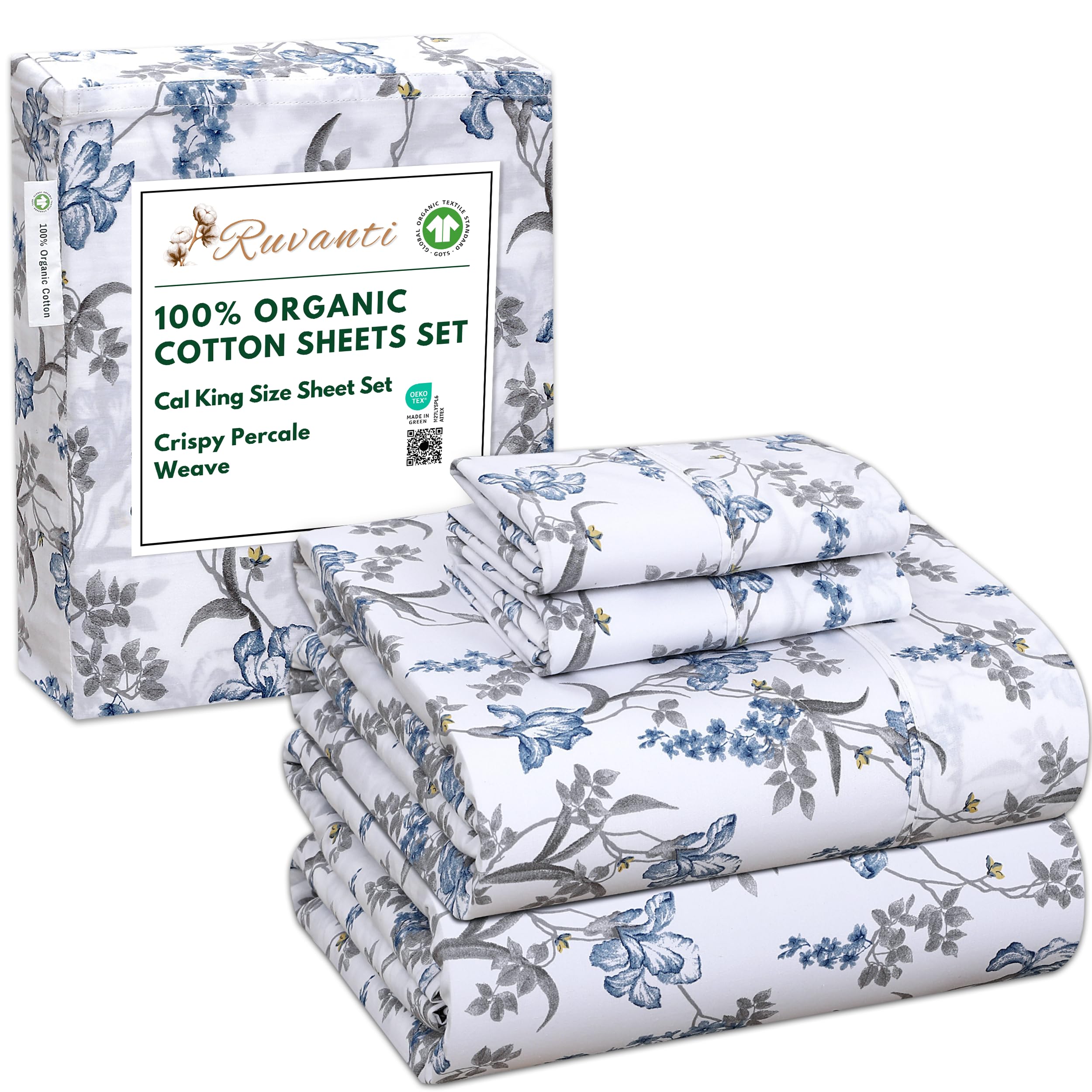 RUVANTI 100% Organic Cotton Sheets Queen Size, Percale Weave, GOTS Certified, 4-Piece Set, Deep Pocket 15", Crisp & Breathable, Soft Durable Bedding, Sábanas Algodón Orgánico – Daisy Bud