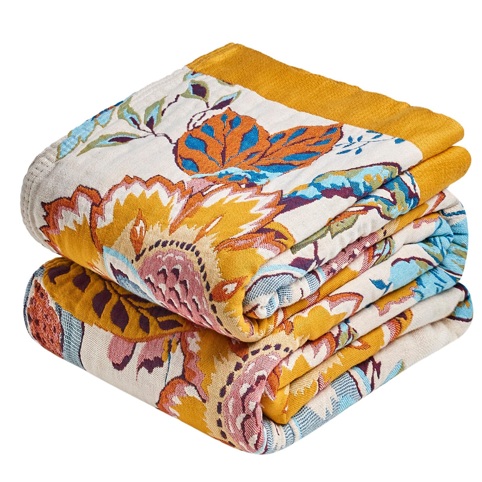 Boho Throw Blanket - 100% Cotton Soft Spring Throw Blanket for Bed, 90"x108" Reversible Breathable Lightweight Blankets, All Seasons Farmhouse Decor Floral Plant Butterfly Throw Quilt