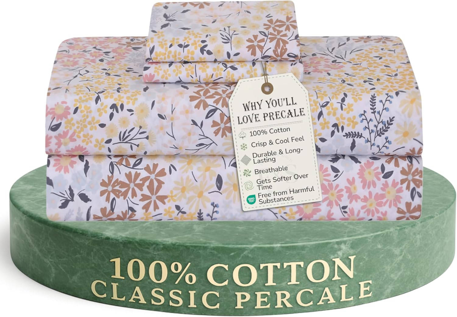 Feather & Stitch Softest 100% Cotton Sheets, 300 Thread Count Percale Weave Bedding, 16" Deep Pocket, Cooling Sheets, Breathable Bed Set, Hotel Premium Quality (Queen, Victorian Floral)