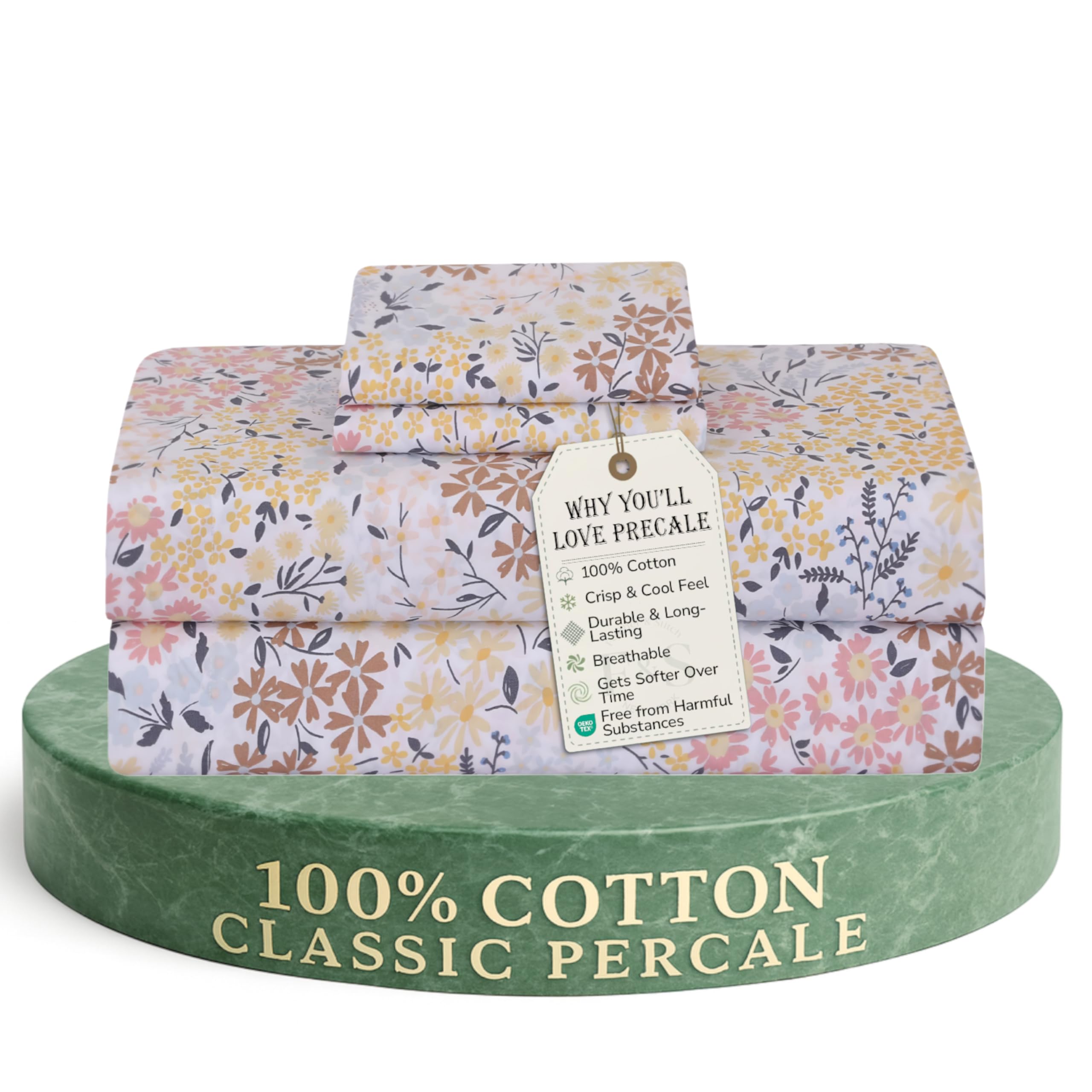 Feather & Stitch Softest 100% Cotton Sheets, 300 Thread Count Percale Weave Bedding, 16" Deep Pocket, Cooling Sheets, Breathable Bed Set, Hotel Premium Quality (Queen, Victorian Floral)