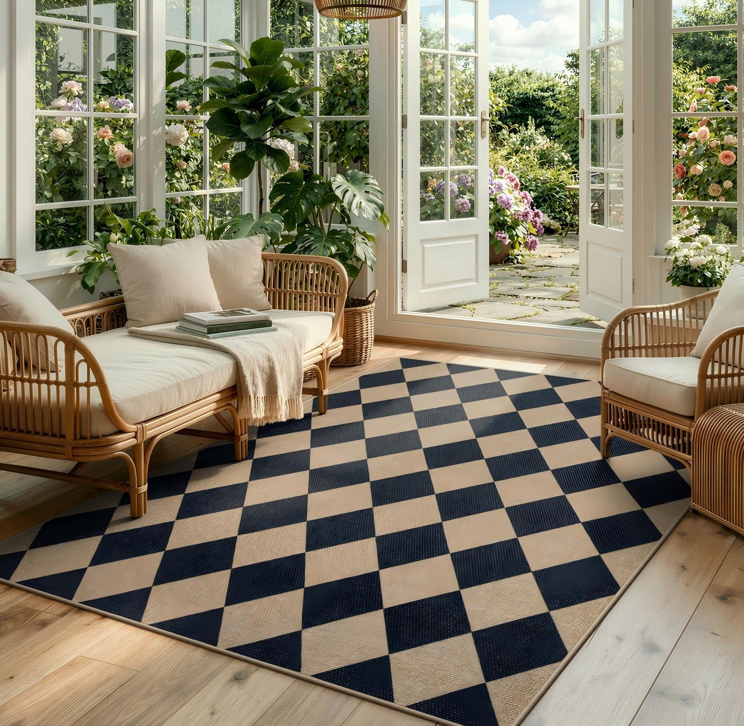 Lahome Colette Checkered Easy Jute Runner Rug, 2x8 Hallway Kitchen Runner Rug Non Slip Washable Outdoor Carpet for Entryway Indoor, Checkerboard Black Indoor Outdoor Carpet for Hallway 8ft Entry