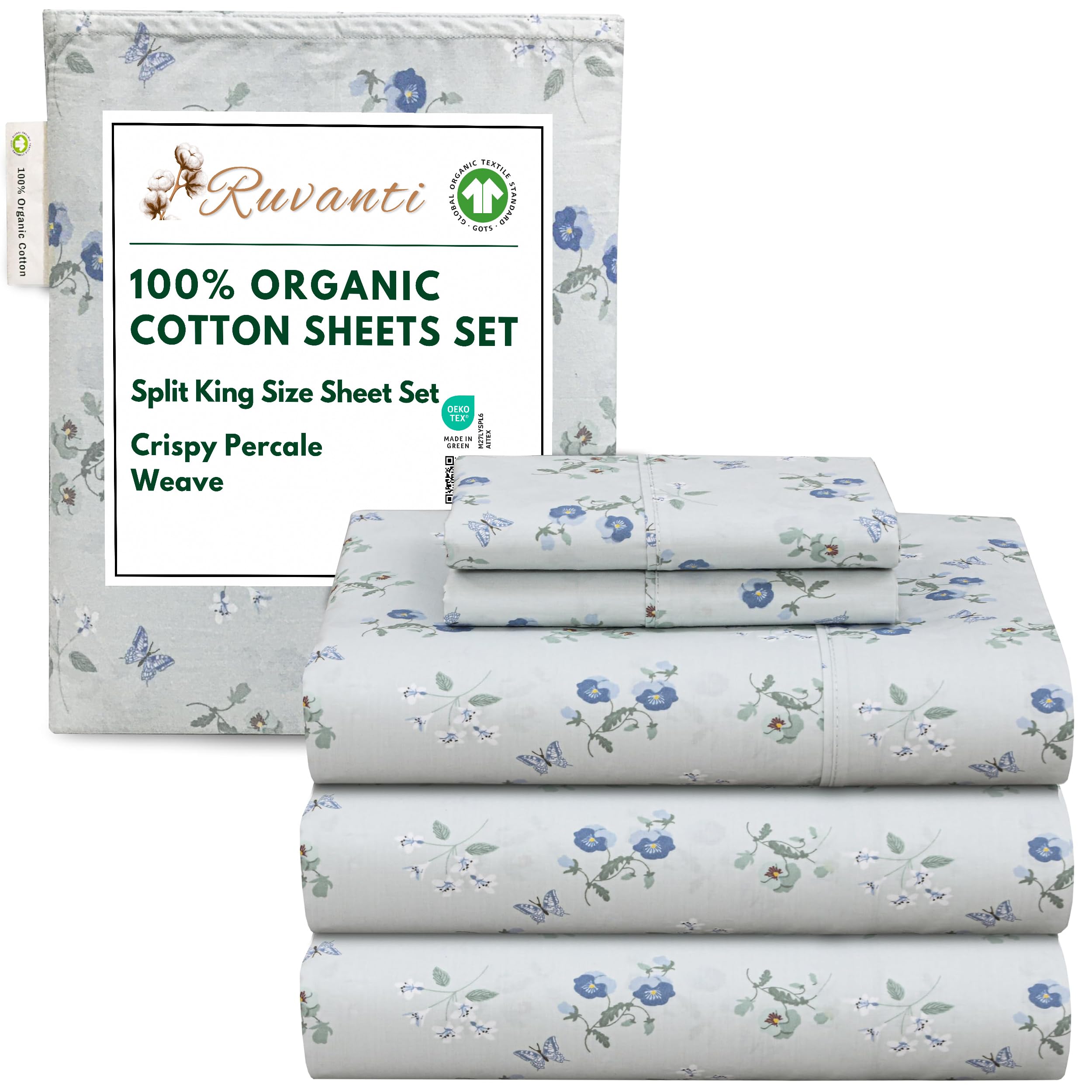 RUVANTI 100% Organic Cotton Sheets Queen Size, Percale Weave, GOTS Certified, 4-Piece Set, Deep Pocket 15", Crisp & Breathable, Soft Durable Bedding, Sábanas Algodón Orgánico – Daisy Bud