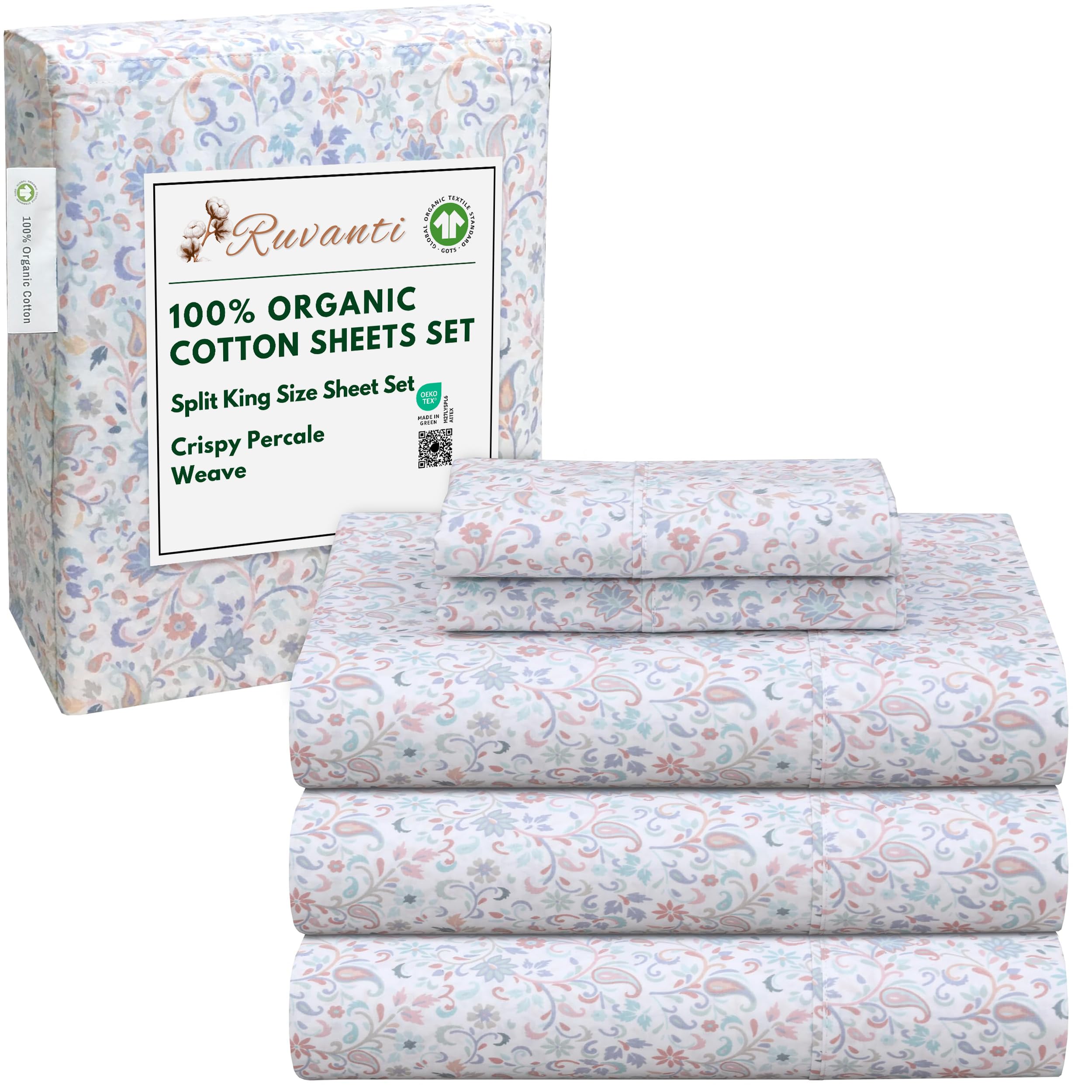 RUVANTI 100% Organic Cotton Sheets Queen Size, Percale Weave, GOTS Certified, 4-Piece Set, Deep Pocket 15", Crisp & Breathable, Soft Durable Bedding, Sábanas Algodón Orgánico – Daisy Bud