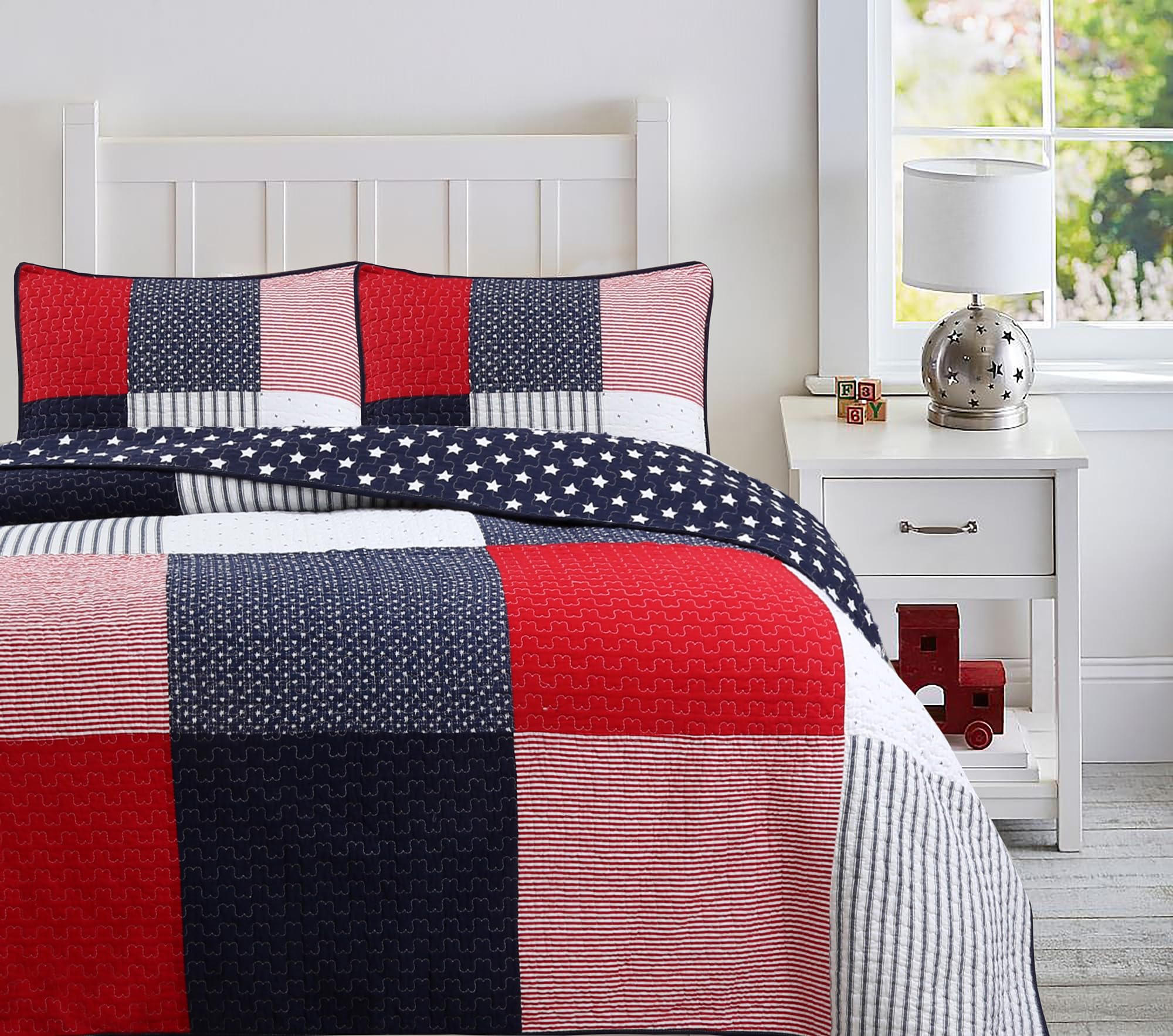 Cozy Line Home Fashions Benjamin Cute Dinosaur Plaid Navy Blue White Grey Bedding Quilt Set 100% Cotton Reversible Coverlet Bedspread Set for Kids Boy(Twin - 2 Piece)