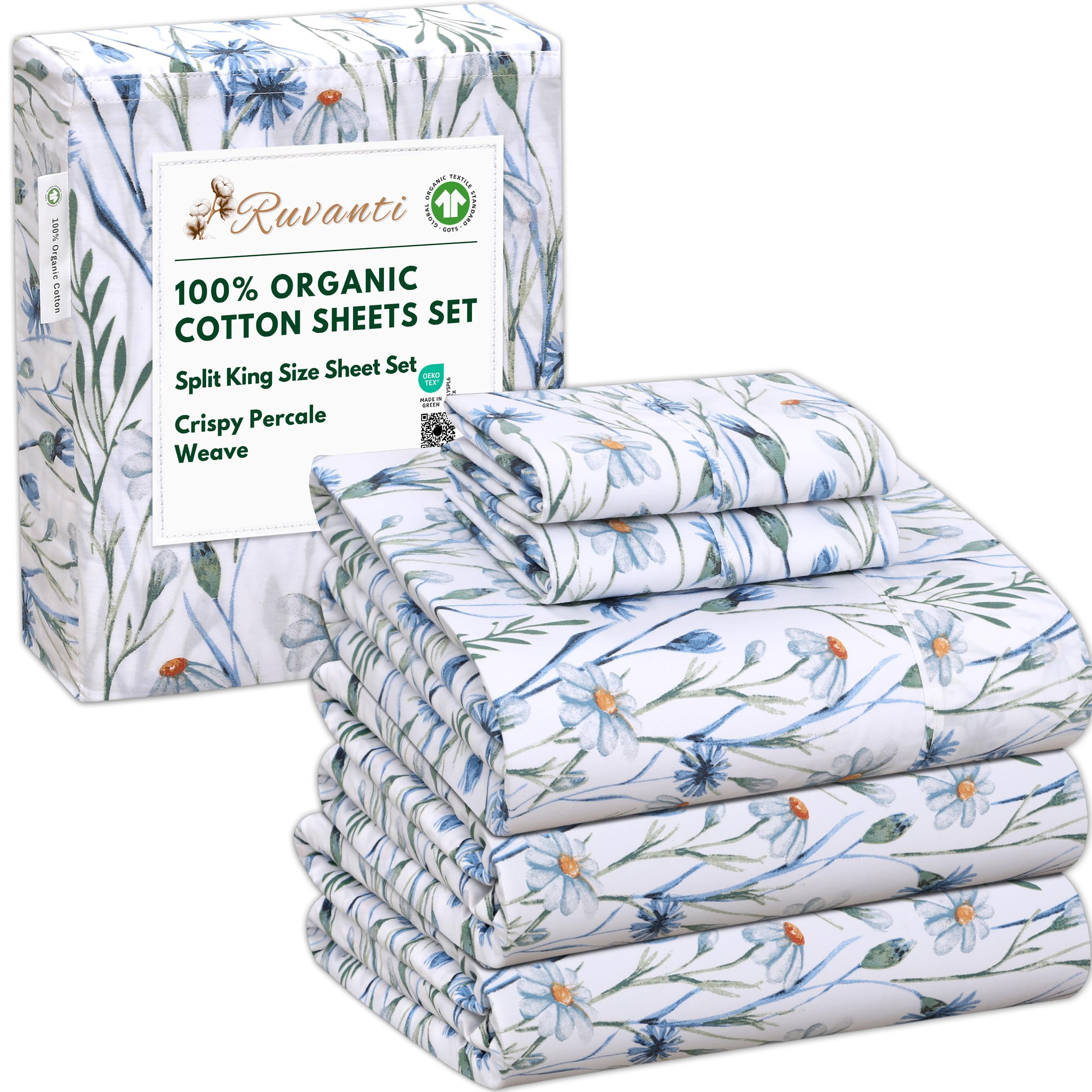 RUVANTI 100% Organic Cotton Sheets Queen Size, Percale Weave, GOTS Certified, 4-Piece Set, Deep Pocket 15", Crisp & Breathable, Soft Durable Bedding, Sábanas Algodón Orgánico – Daisy Bud