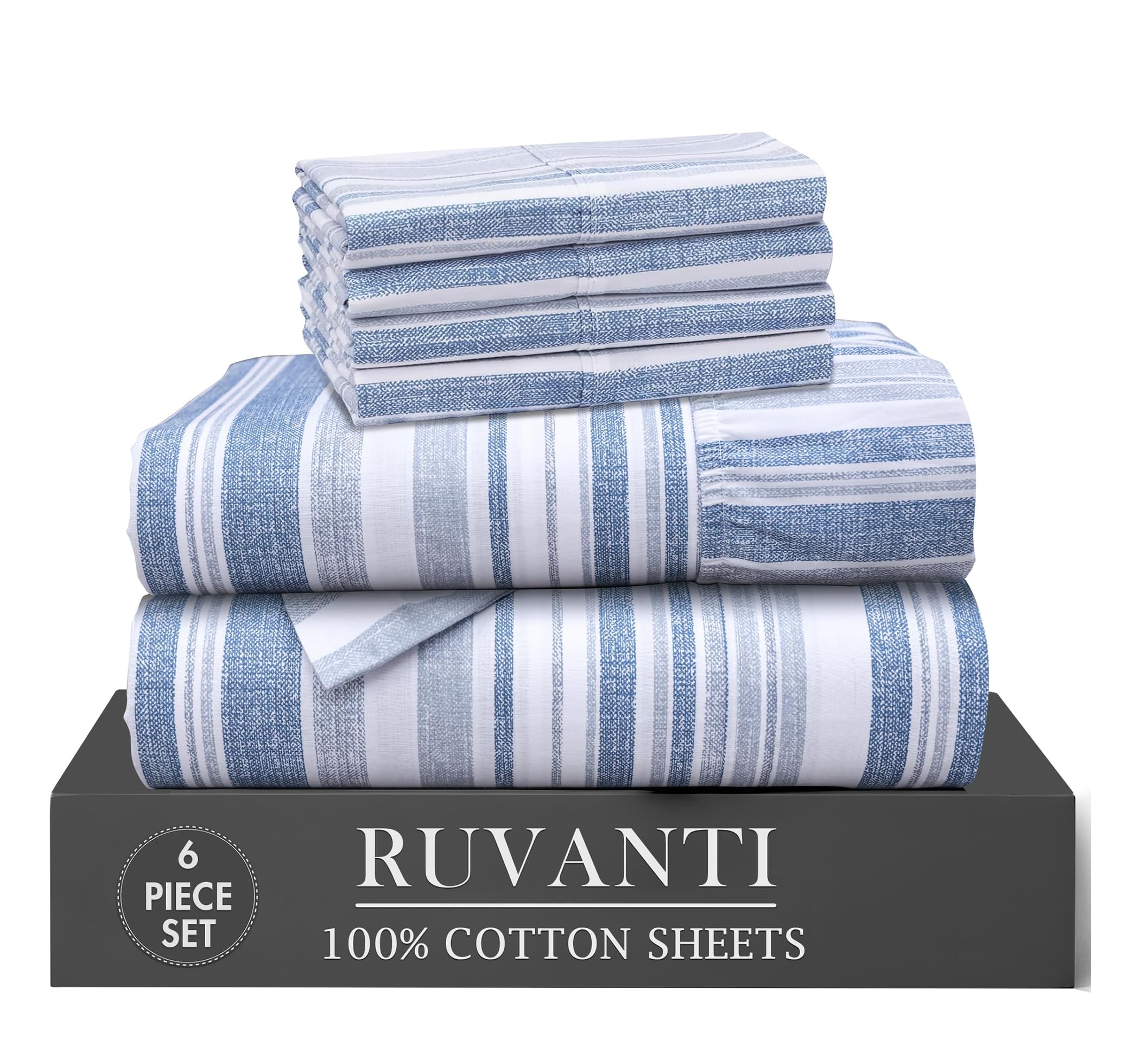 RUVANTI 6 Pcs Cotton Sheets - 100% Natural Cotton Soft, Lightweight & Breathable Crispy Percale Bed Sheets, Queen Sheet Set 16" Deep Pockets, Wild Flower