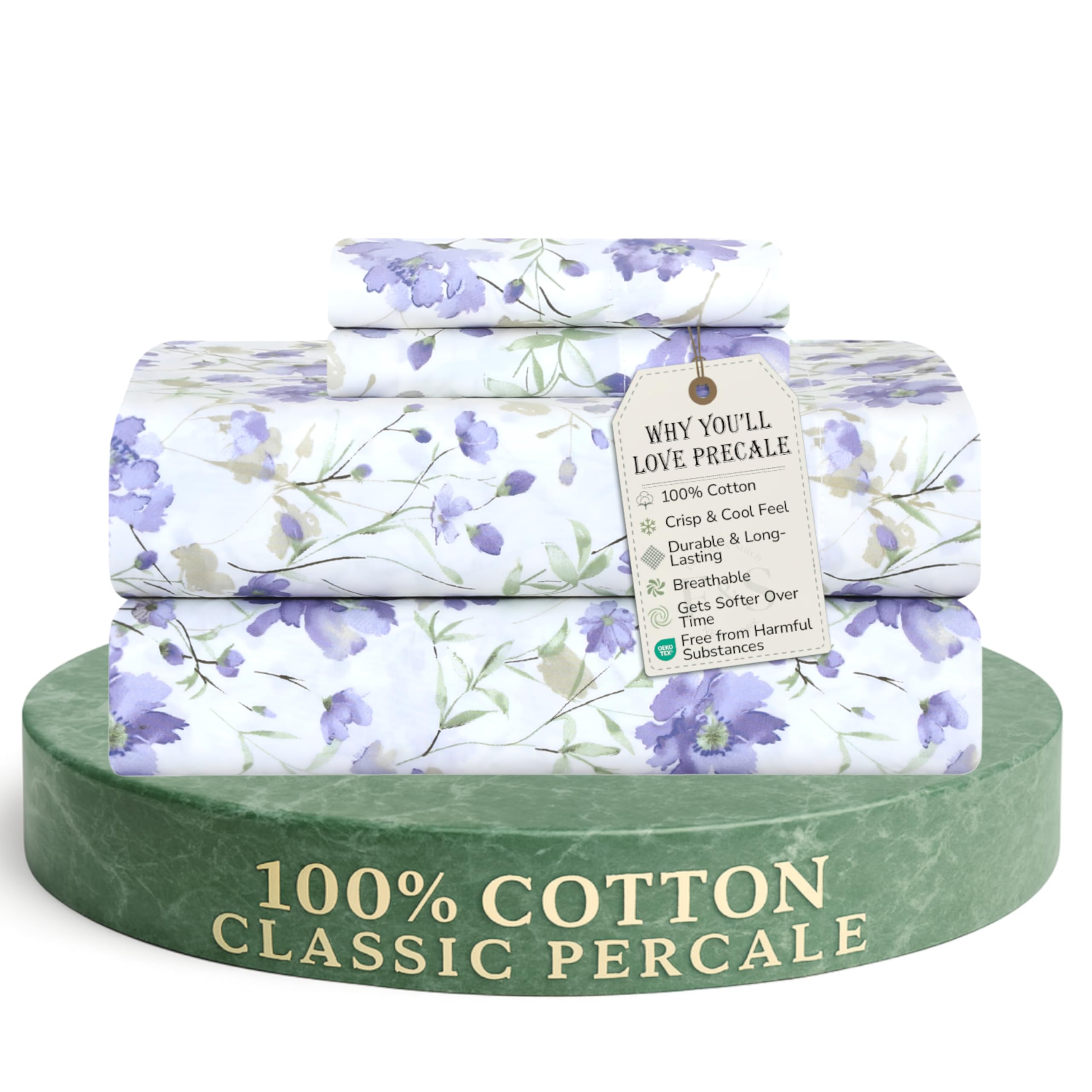 Feather & Stitch Softest 100% Cotton Sheets, 300 Thread Count Percale Weave Bedding, 16" Deep Pocket, Cooling Sheets, Breathable Bed Set, Hotel Premium Quality (Queen, Victorian Floral)