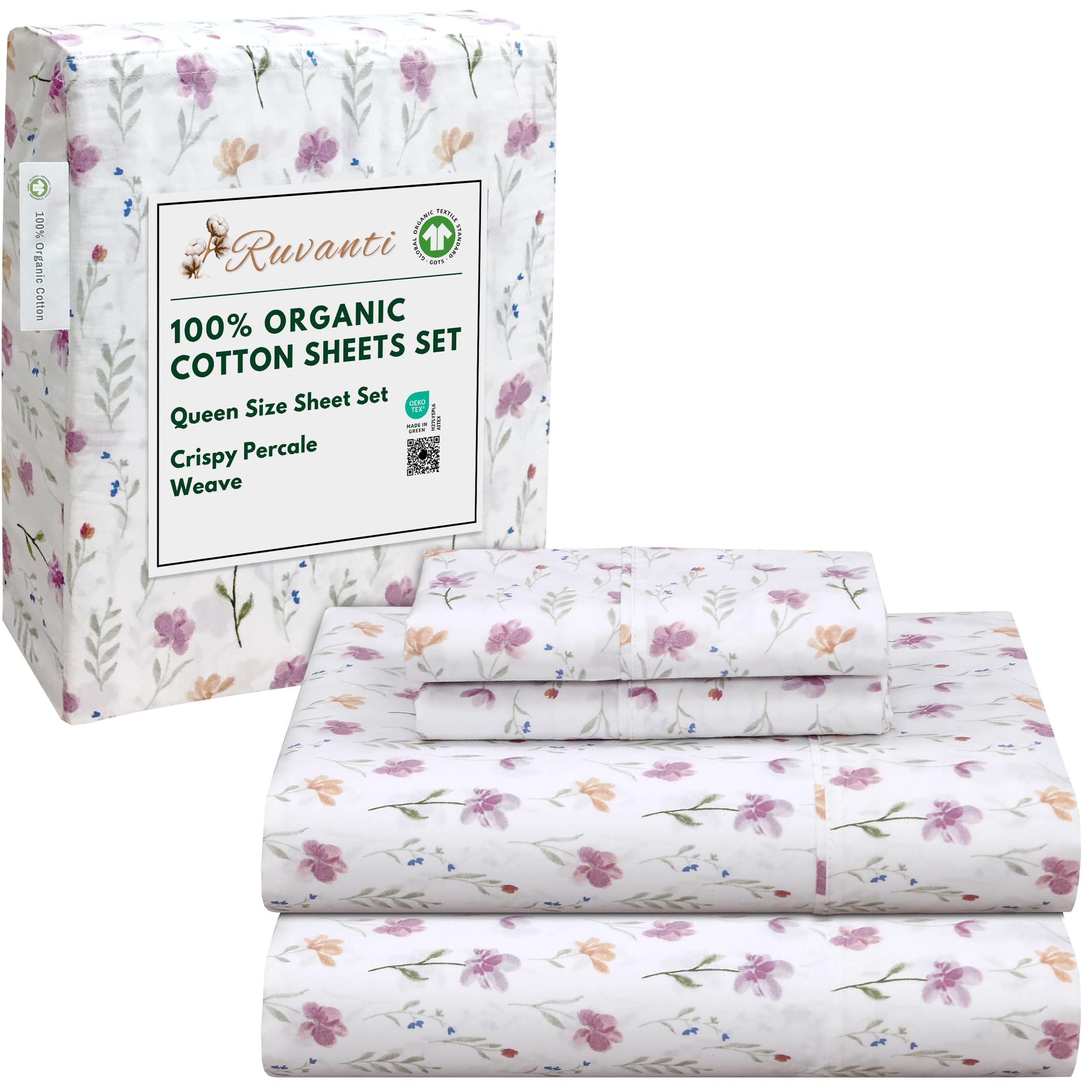 RUVANTI 100% Organic Cotton Sheets Queen Size, Percale Weave, GOTS Certified, 4-Piece Set, Deep Pocket 15", Crisp & Breathable, Soft Durable Bedding, Sábanas Algodón Orgánico – Daisy Bud