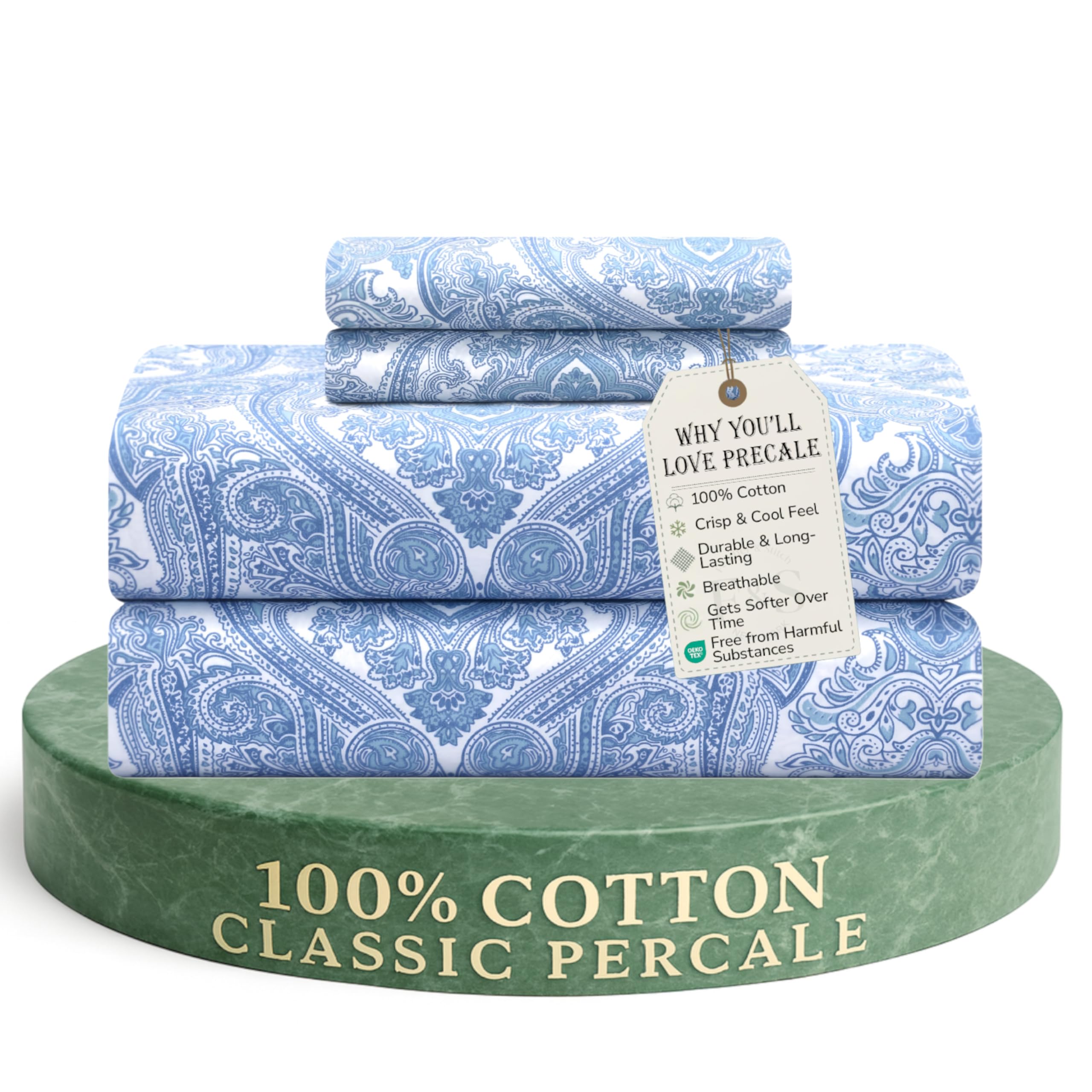Feather & Stitch Softest 100% Cotton Sheets, 300 Thread Count Percale Weave Bedding, 16" Deep Pocket, Cooling Sheets, Breathable Bed Set, Hotel Premium Quality (Queen, Victorian Floral)