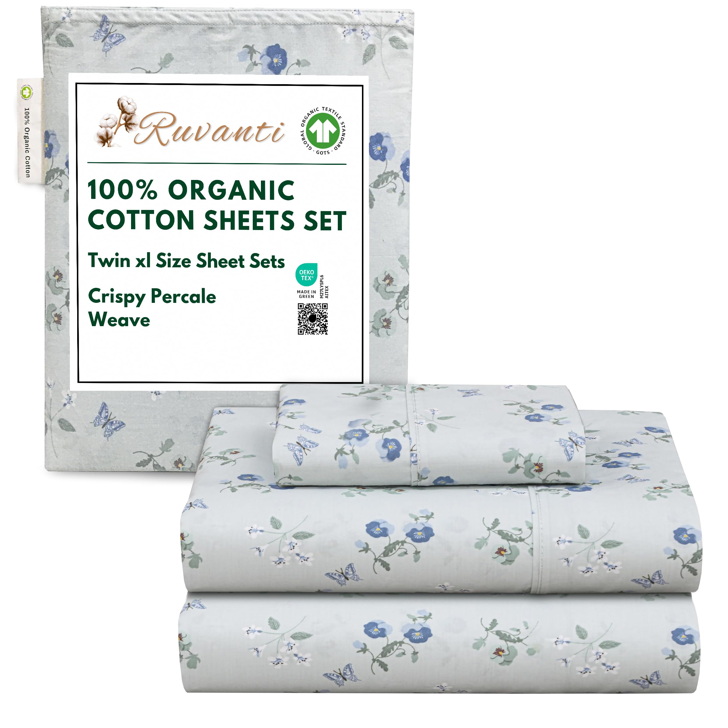 RUVANTI 100% Organic Cotton Sheets Queen Size, Percale Weave, GOTS Certified, 4-Piece Set, Deep Pocket 15", Crisp & Breathable, Soft Durable Bedding, Sábanas Algodón Orgánico – Daisy Bud