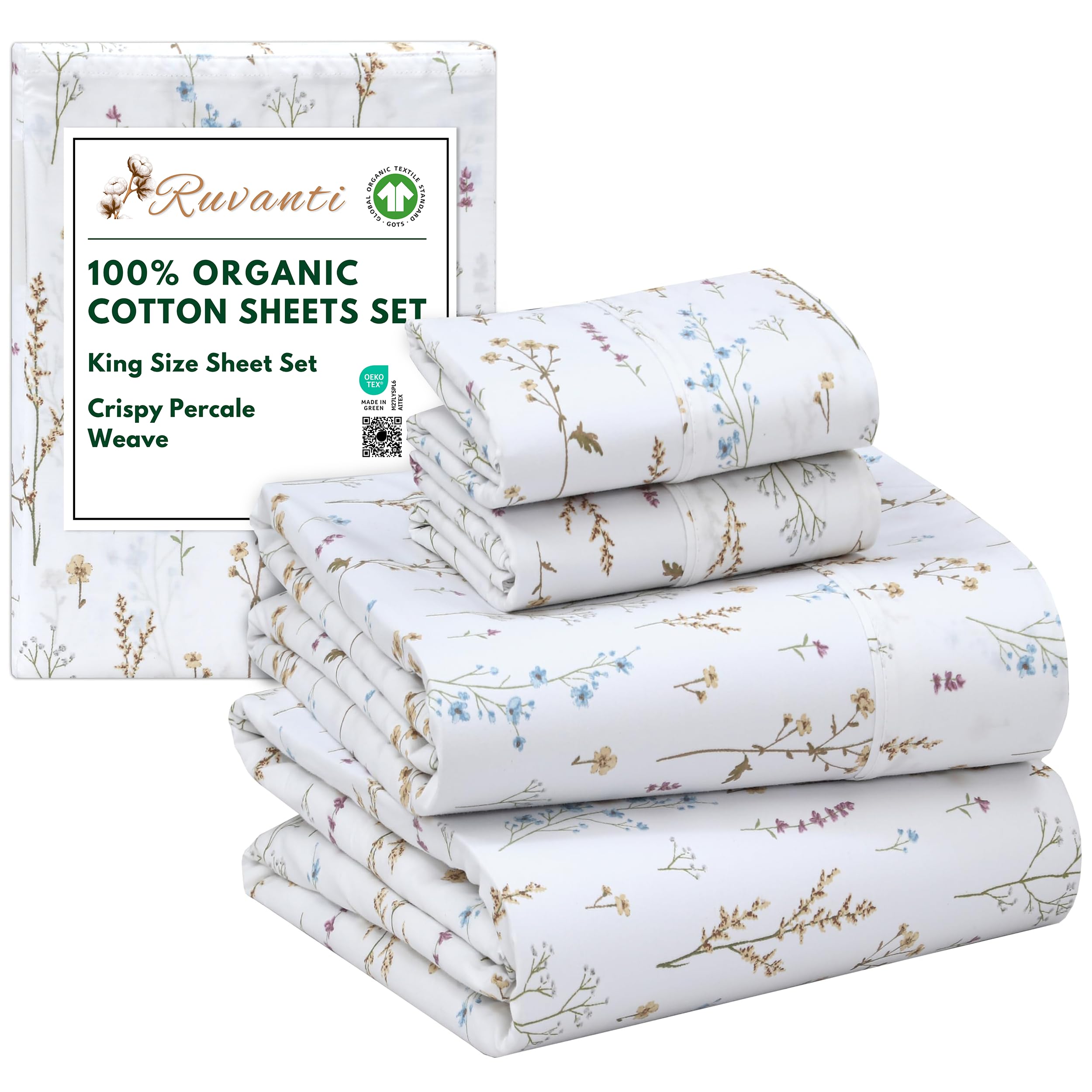 RUVANTI 100% Organic Cotton Sheets Queen Size, Percale Weave, GOTS Certified, 4-Piece Set, Deep Pocket 15", Crisp & Breathable, Soft Durable Bedding, Sábanas Algodón Orgánico – Daisy Bud