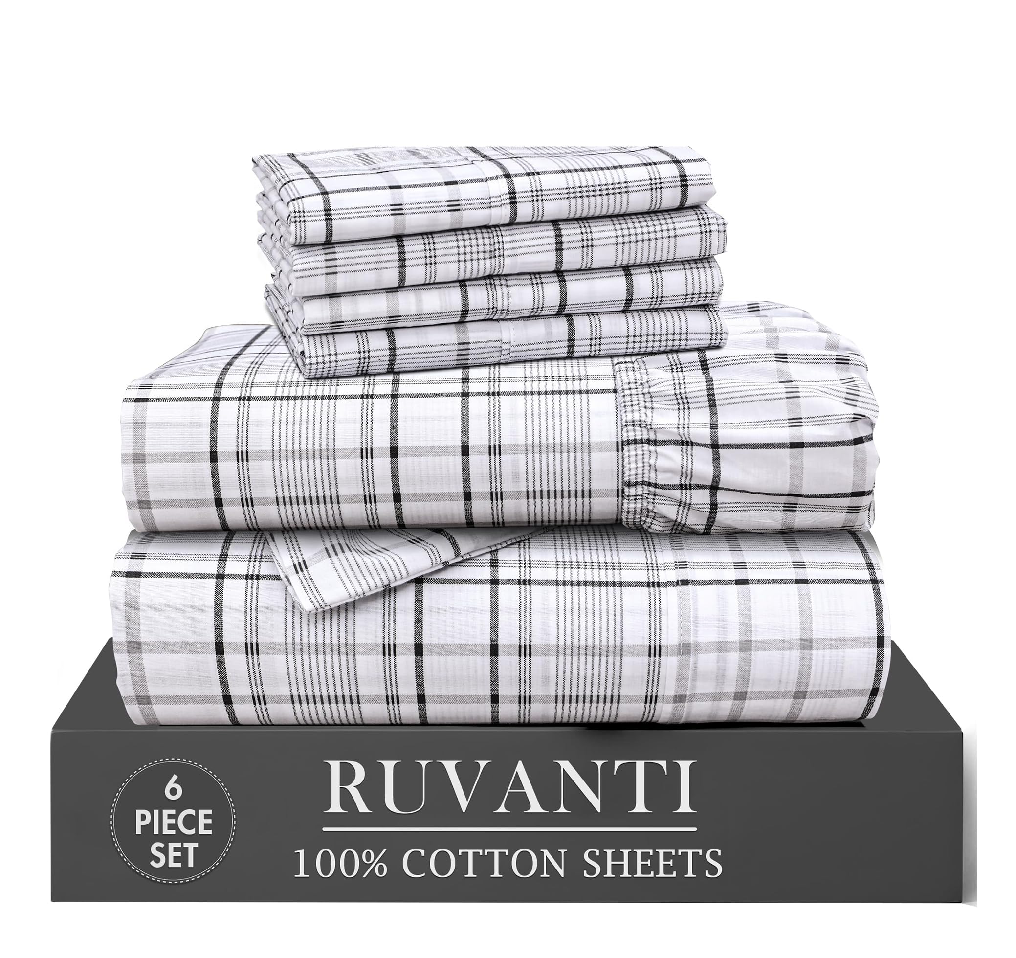 RUVANTI 6 Pcs Cotton Sheets - 100% Natural Cotton Soft, Lightweight & Breathable Crispy Percale Bed Sheets, Queen Sheet Set 16" Deep Pockets, Wild Flower