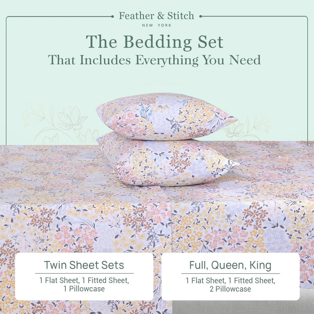 Feather & Stitch Softest 100% Cotton Sheets, 300 Thread Count Percale Weave Bedding, 16" Deep Pocket, Cooling Sheets, Breathable Bed Set, Hotel Premium Quality (Queen, Victorian Floral)