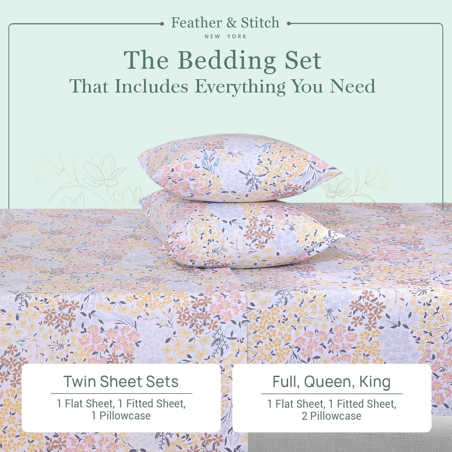 Feather & Stitch Softest 100% Cotton Sheets, 300 Thread Count Percale Weave Bedding, 16" Deep Pocket, Cooling Sheets, Breathable Bed Set, Hotel Premium Quality (Queen, Victorian Floral)