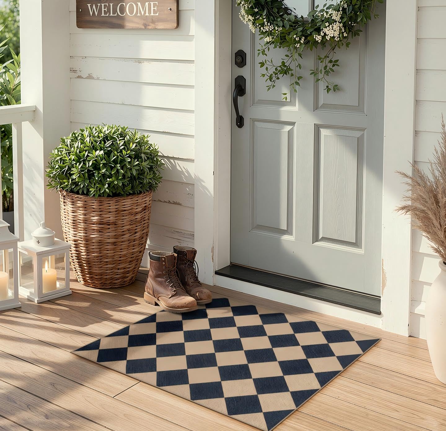 Lahome Colette Checkered Easy Jute Runner Rug, 2x8 Hallway Kitchen Runner Rug Non Slip Washable Outdoor Carpet for Entryway Indoor, Checkerboard Black Indoor Outdoor Carpet for Hallway 8ft Entry